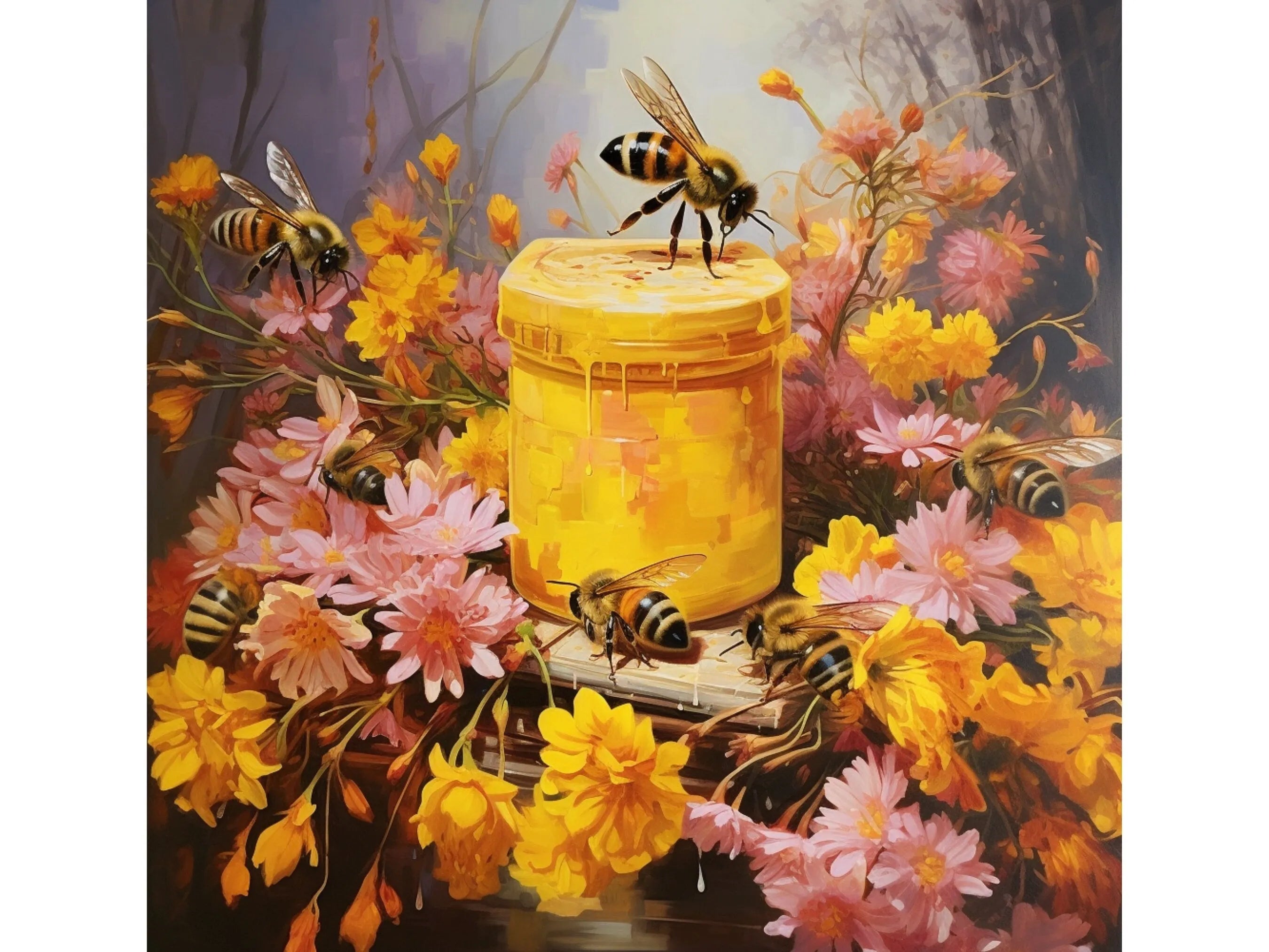Tarro de miel con flores de primavera, letrero de corona de miel y abejas, abejas realistas con flores, pintura de arte de pared, abejas, flores y miel