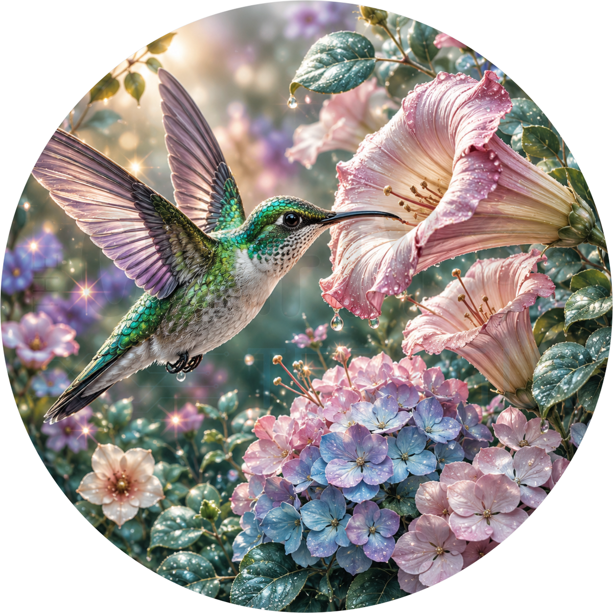 Hummingbird round wreath sign hovering at a pink trumpet flower with pink and lavender hydrangea in a sparkling spring garden