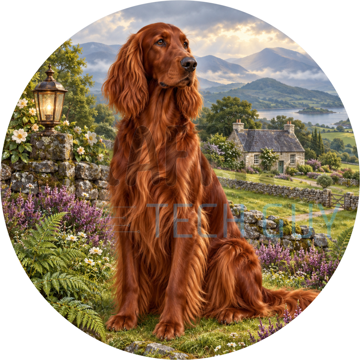 Mahogany Irish setter round wreath sign on a hillside beside a mossy stone wall with a slate-roofed cottage and purple heather