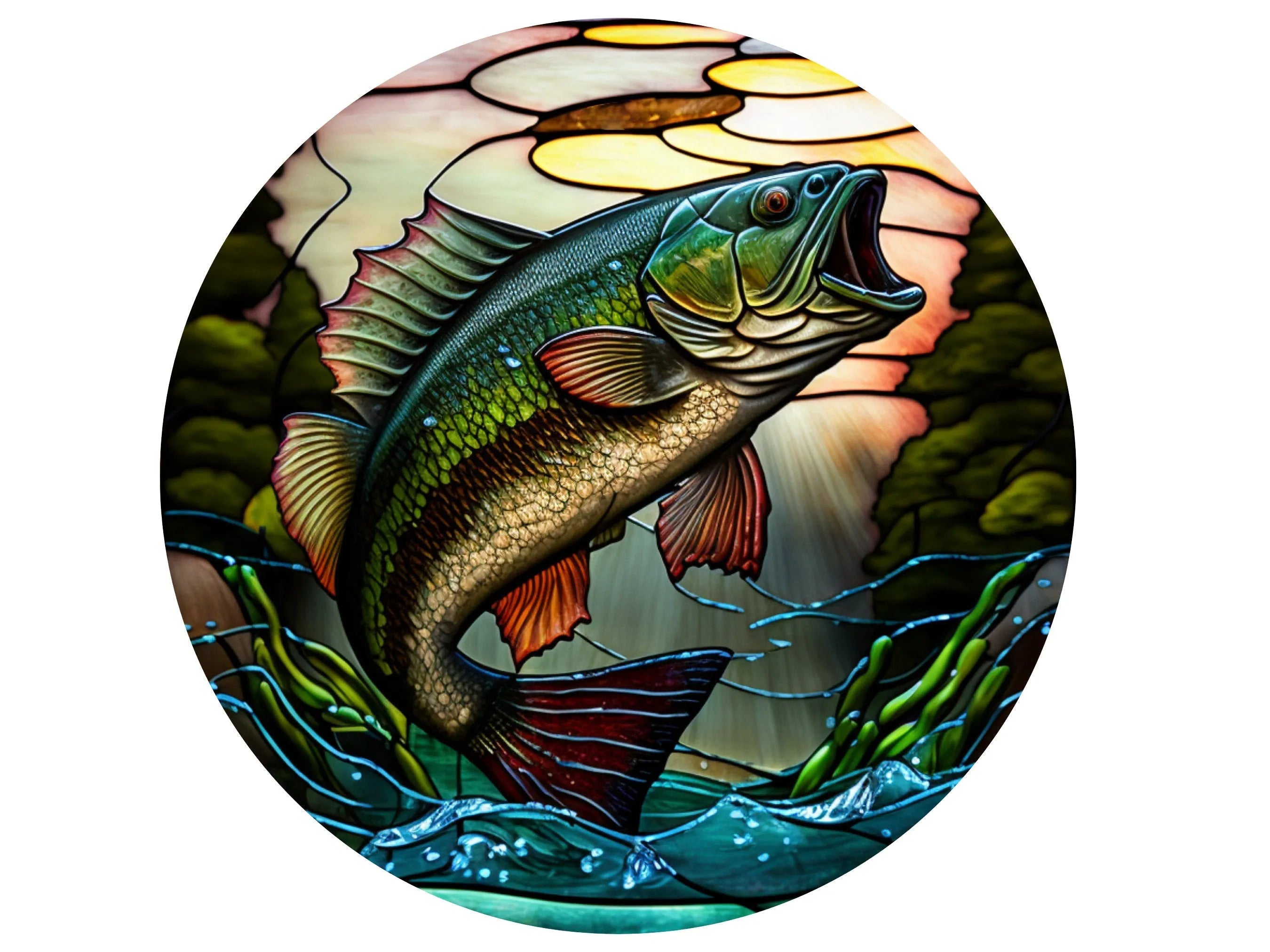 Letrero de corona con peces saltando de lubina de lago, arte mural de pesca, letrero de vida en el lago