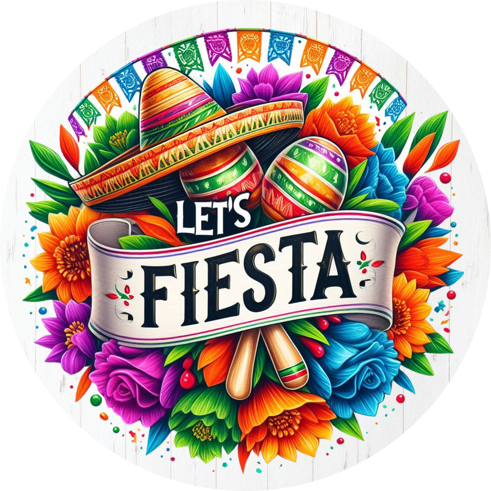 Let’s Fiesta Metal Sign, Cinco de Mayo Wreath Sign, Colorful Maracas and Sombrero Party Decor, Fiesta Sublimated Sign