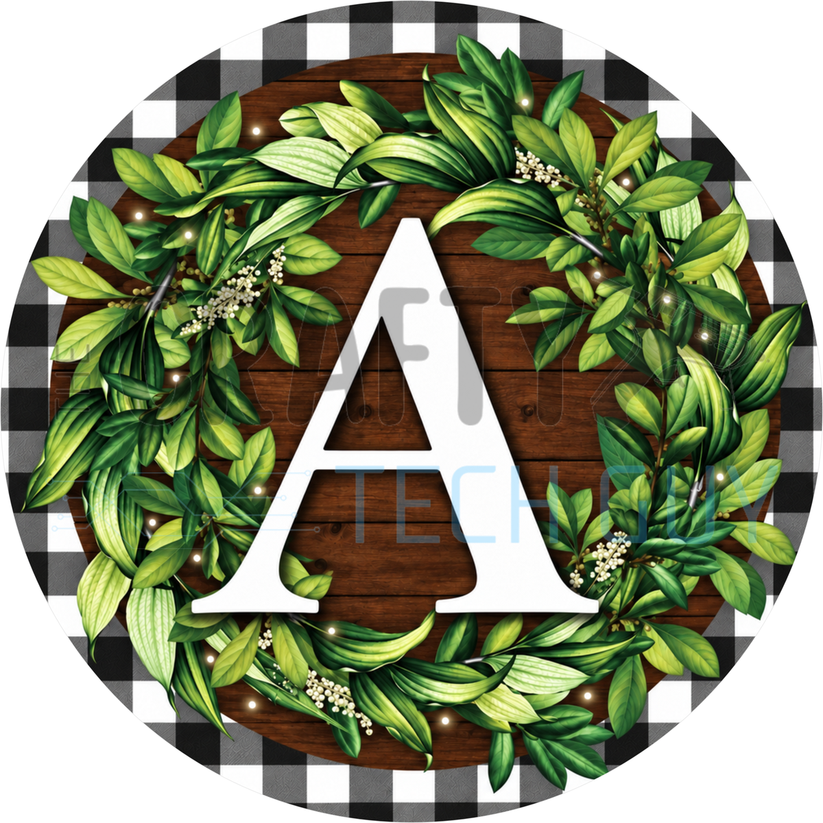 Round monogram wreath sign with a white letter A inside a green leaf wreath on dark wood planks with a black and white buffalo check border