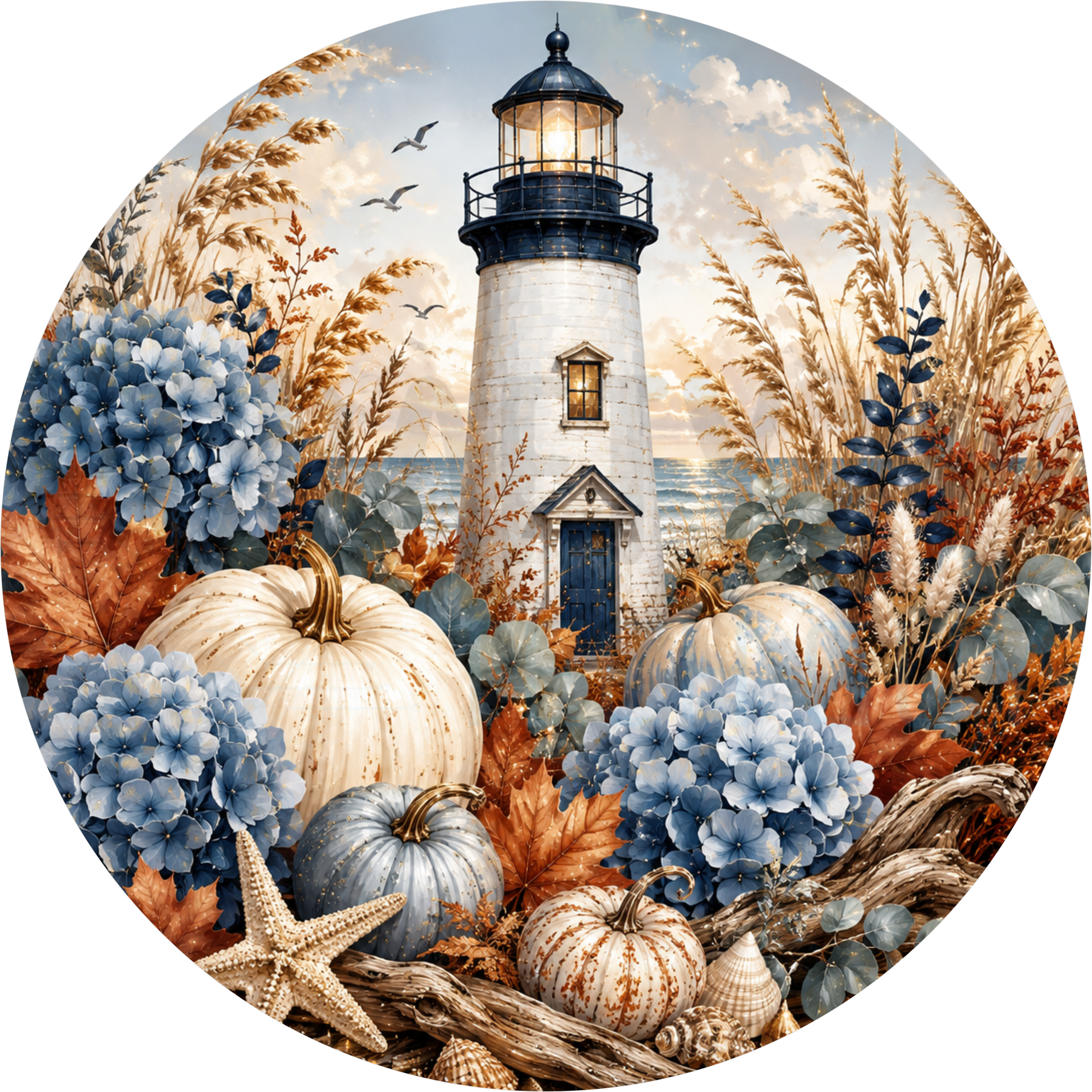 Lighthouse round wreath sign with white and rust pumpkins, blue hydrangea, copper autumn leaves, driftwood and shells in coastal dune grass