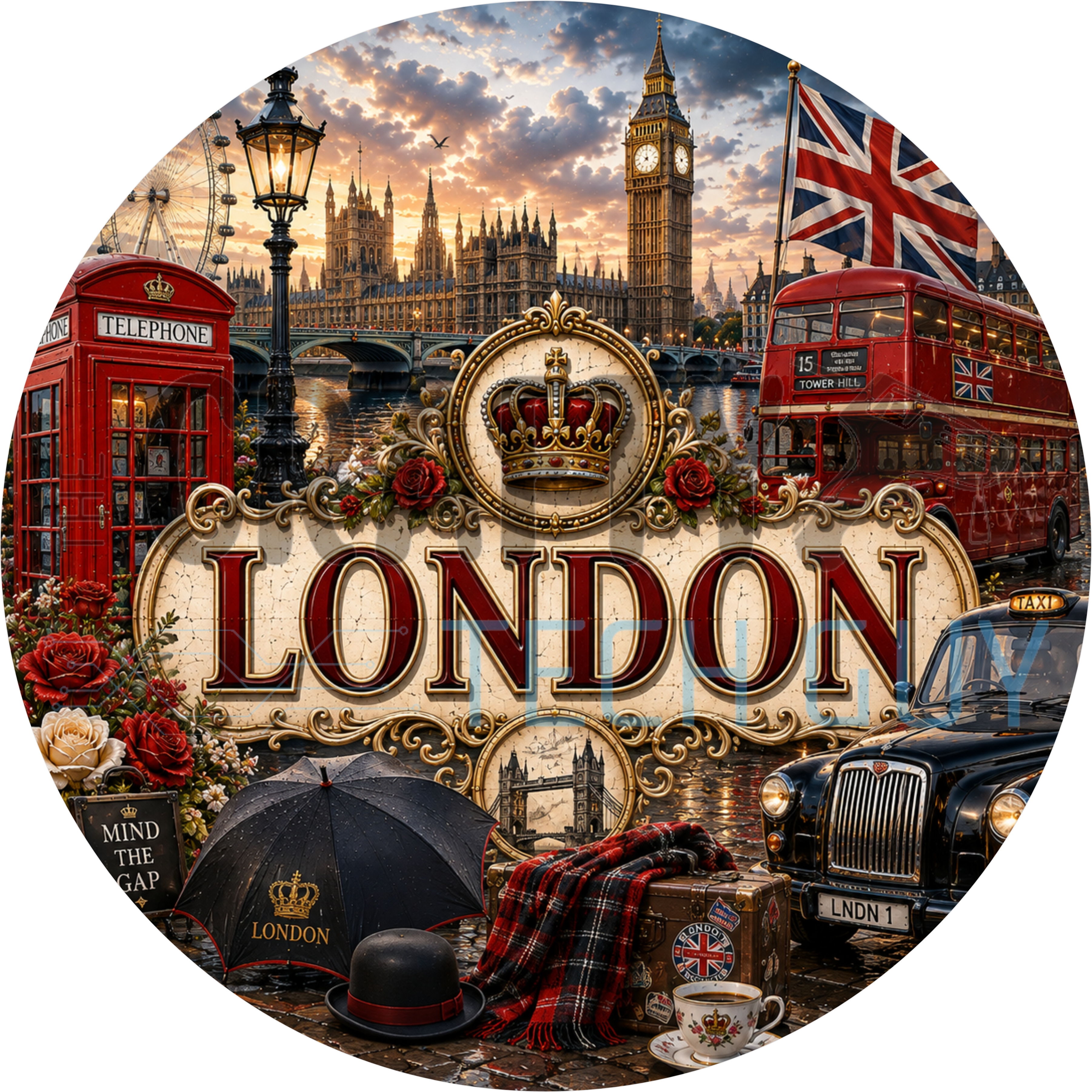 London round wreath sign in coated aluminum, showing Big Ben, a red telephone box and a double decker bus