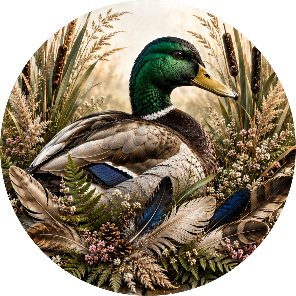 Round wreath sign in green and brown coated aluminum showing a mallard duck head among cattails, ferns, marsh grasses and pink heather