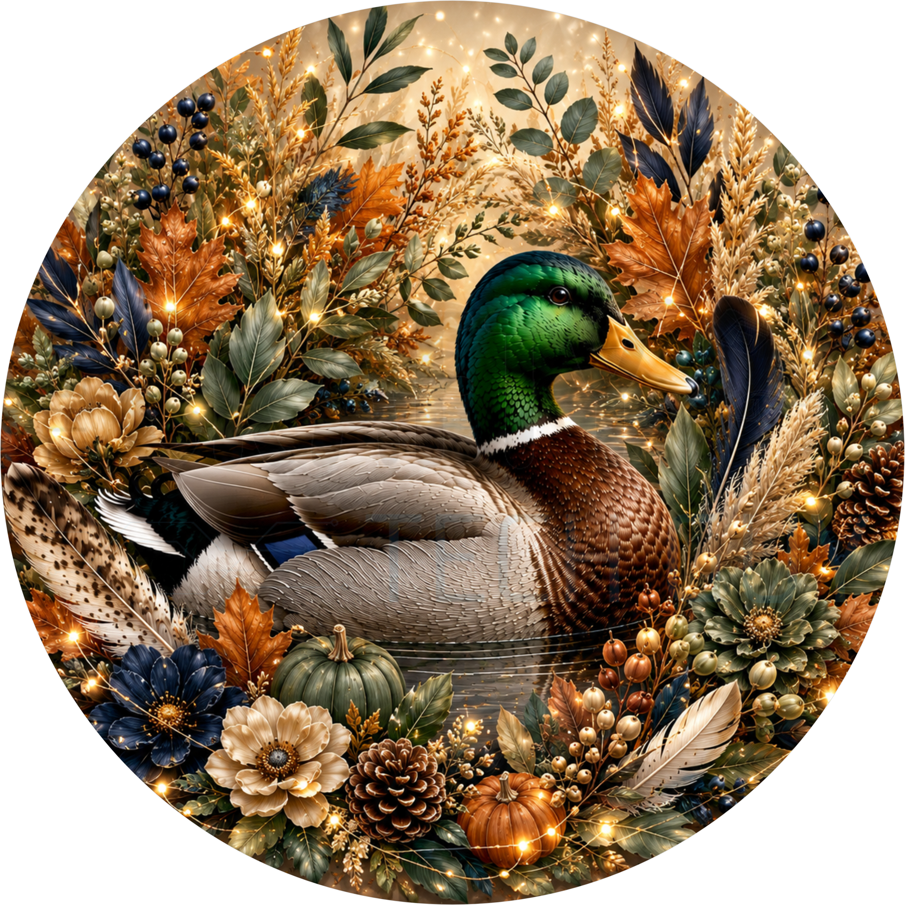 Round wreath sign in navy and gold coated aluminum showing a mallard duck with autumn foliage, pumpkins, navy flowers and feathers