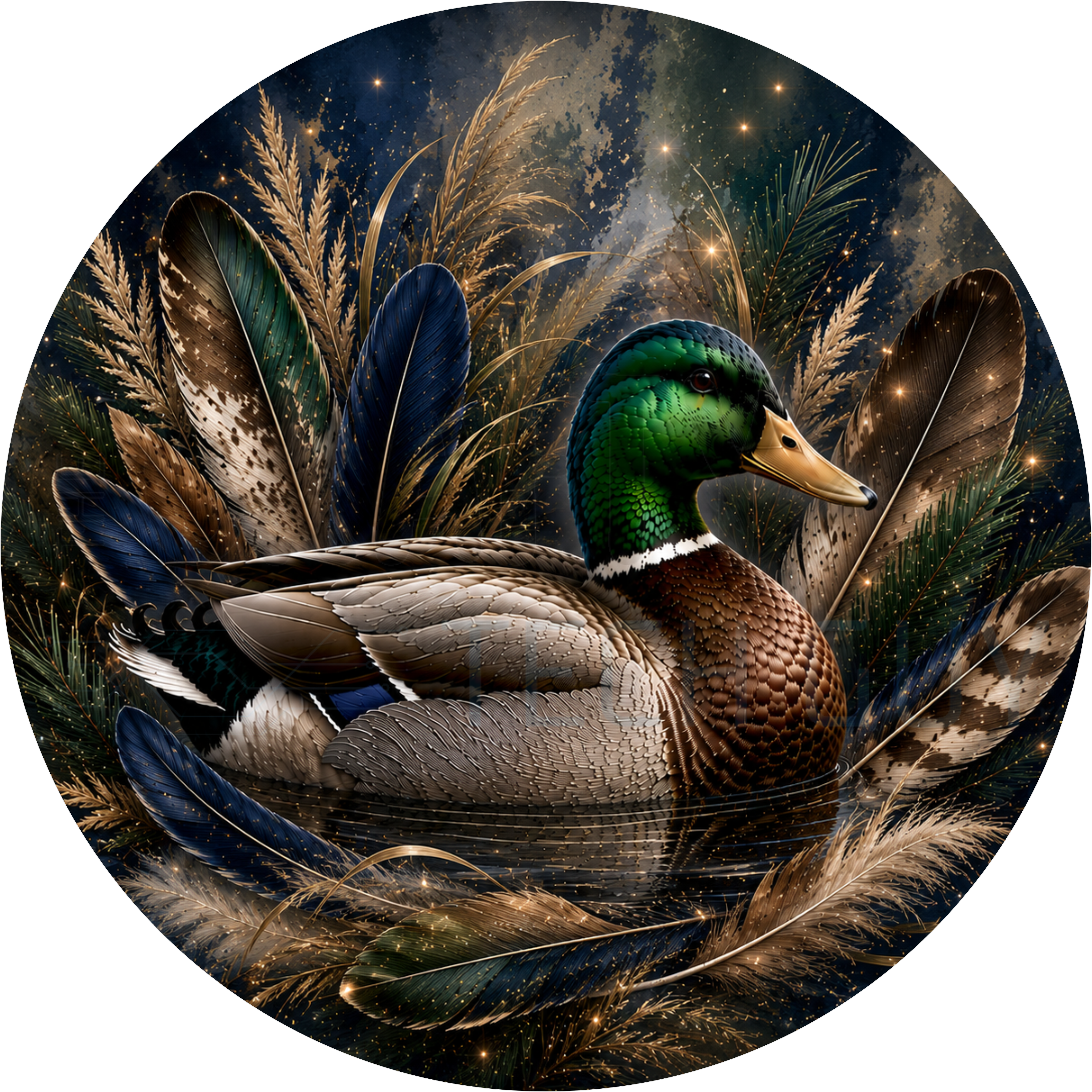 Round wreath sign in gold and black coated aluminum showing a mallard duck with gold pampas grass and feathers on a dark starry background