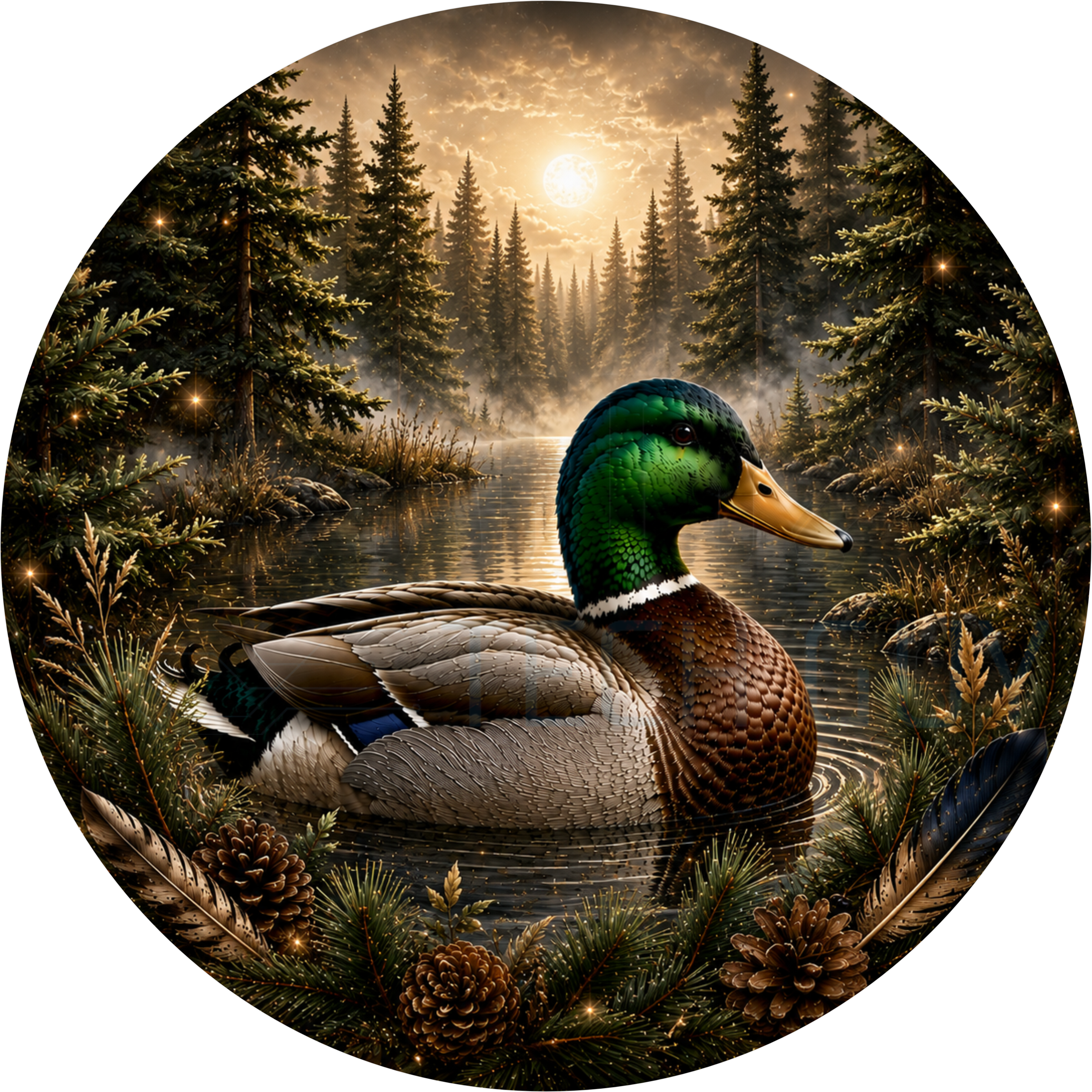 Round wreath sign in gold and deep green coated aluminum showing a mallard duck on a misty forest lake with a golden moon behind pine trees