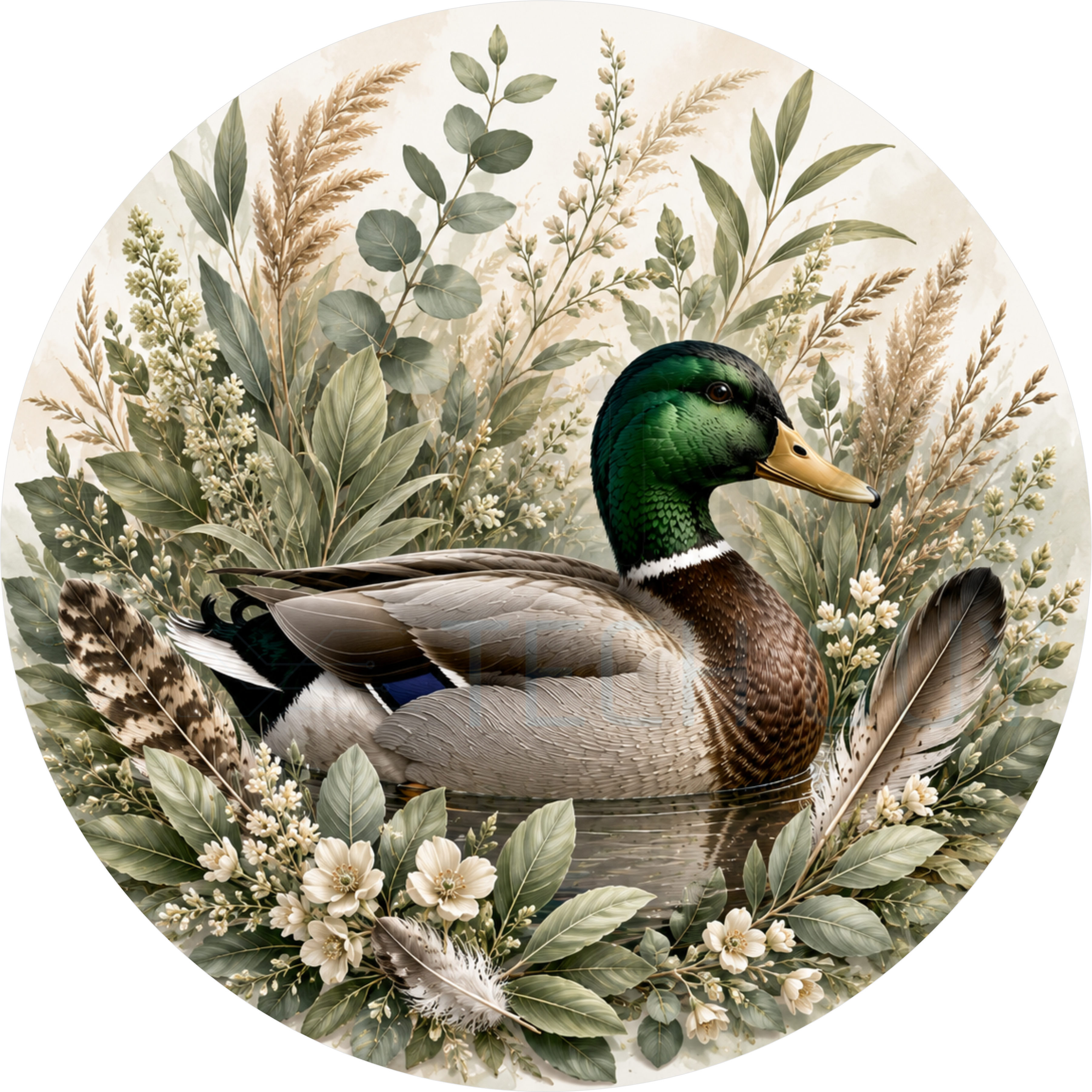 Round wreath sign in sage and cream coated aluminum showing a mallard drake among eucalyptus greenery, cream flowers and scattered feathers in watercolor