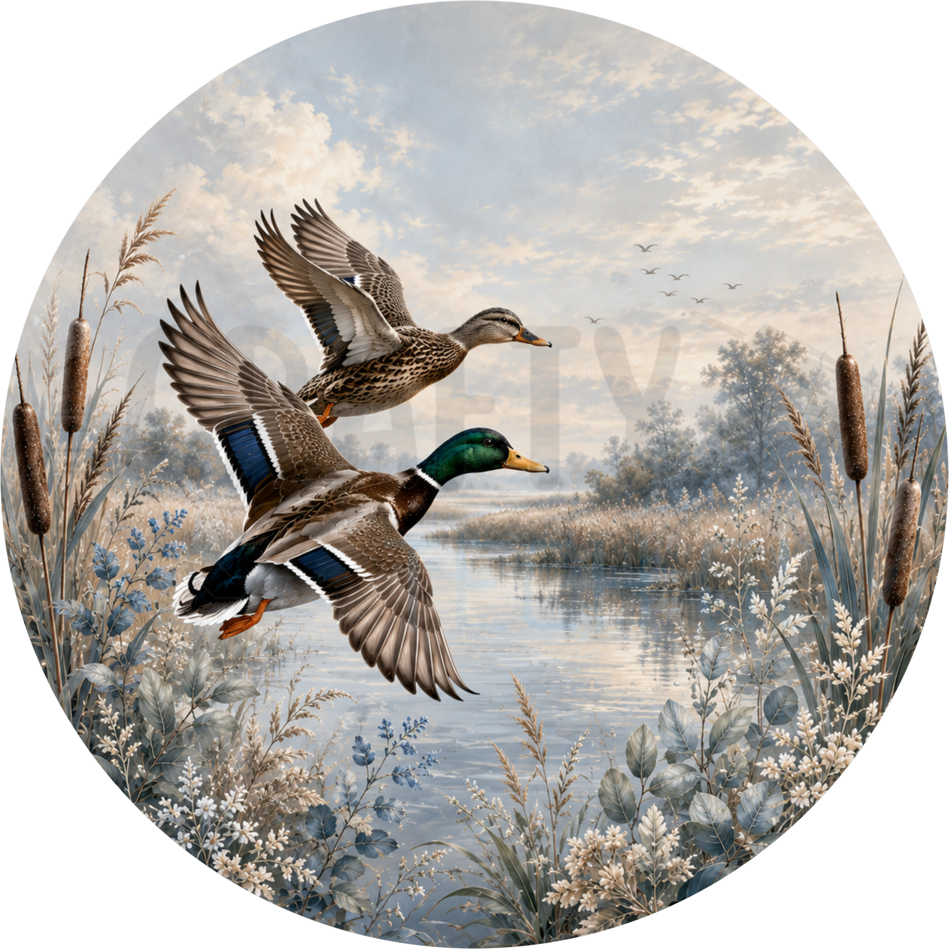 Round wreath sign in blue-grey coated aluminum showing two mallard ducks flying over a misty winter marsh with cattails