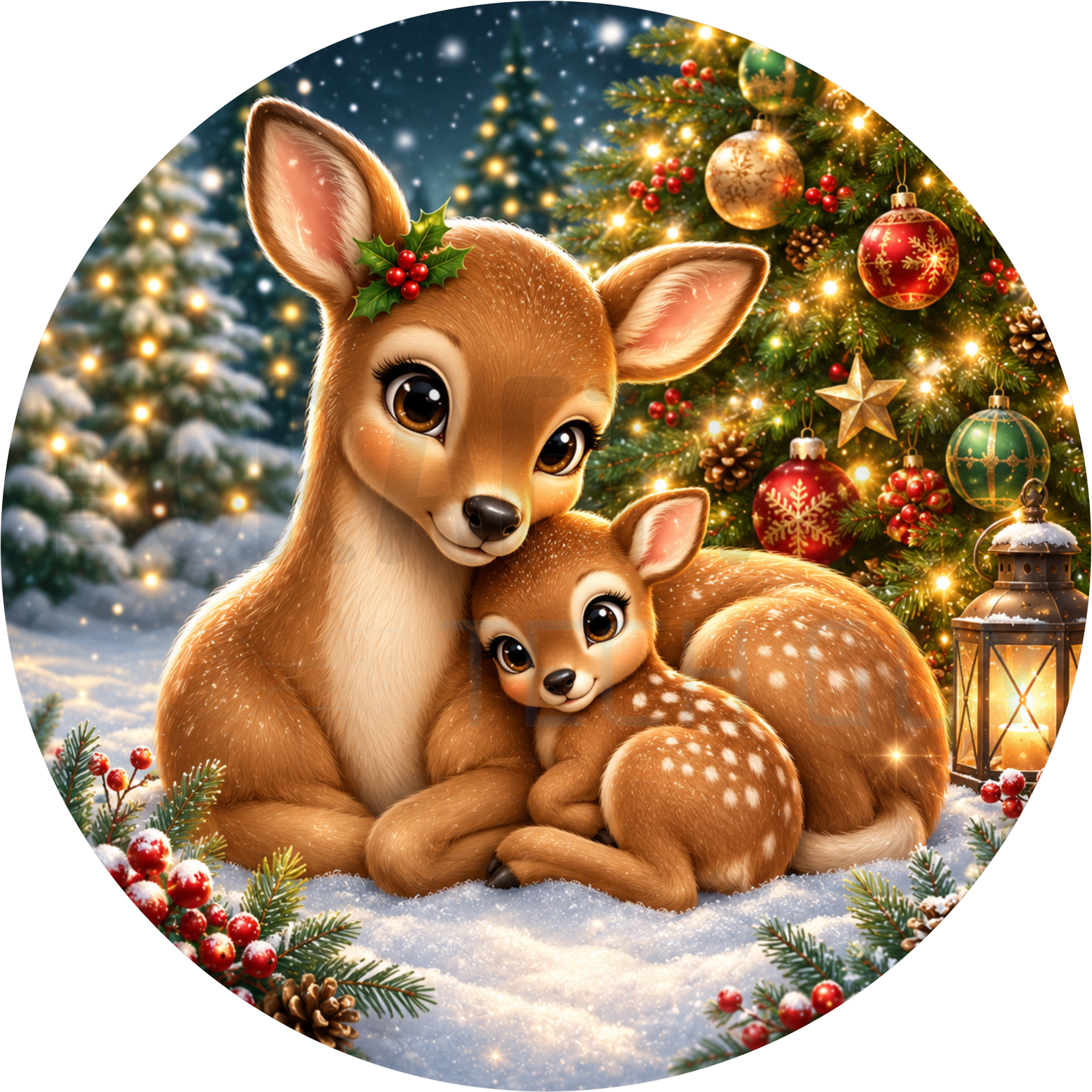 Christmas round wreath sign in coated aluminum, showing a mother deer and her fawn in the snow beside a lit Christmas tree and glowing lantern