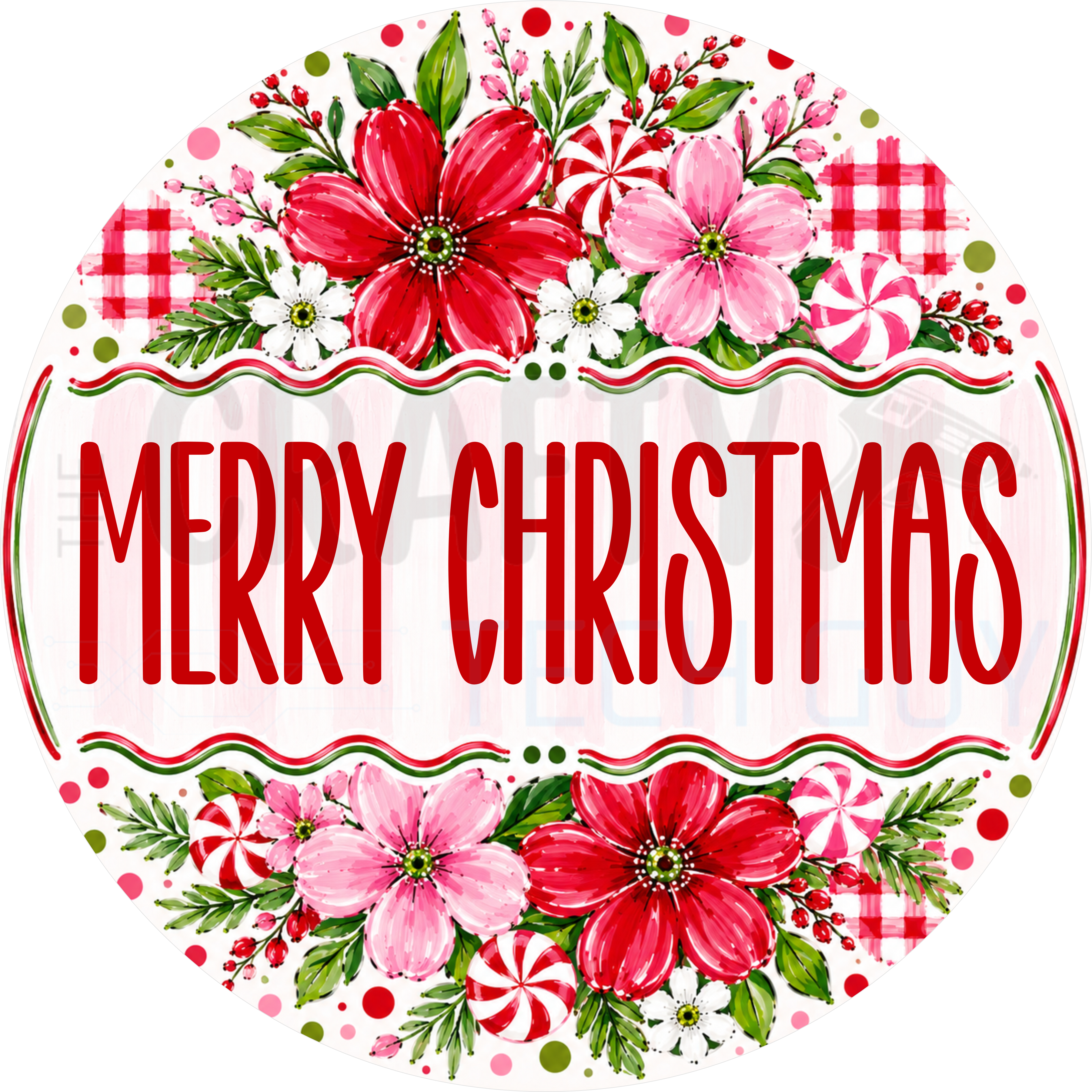 Merry Christmas round wreath sign in coated aluminum, showing painted red and pink flowers, peppermint candies and holly around a blush lettering panel