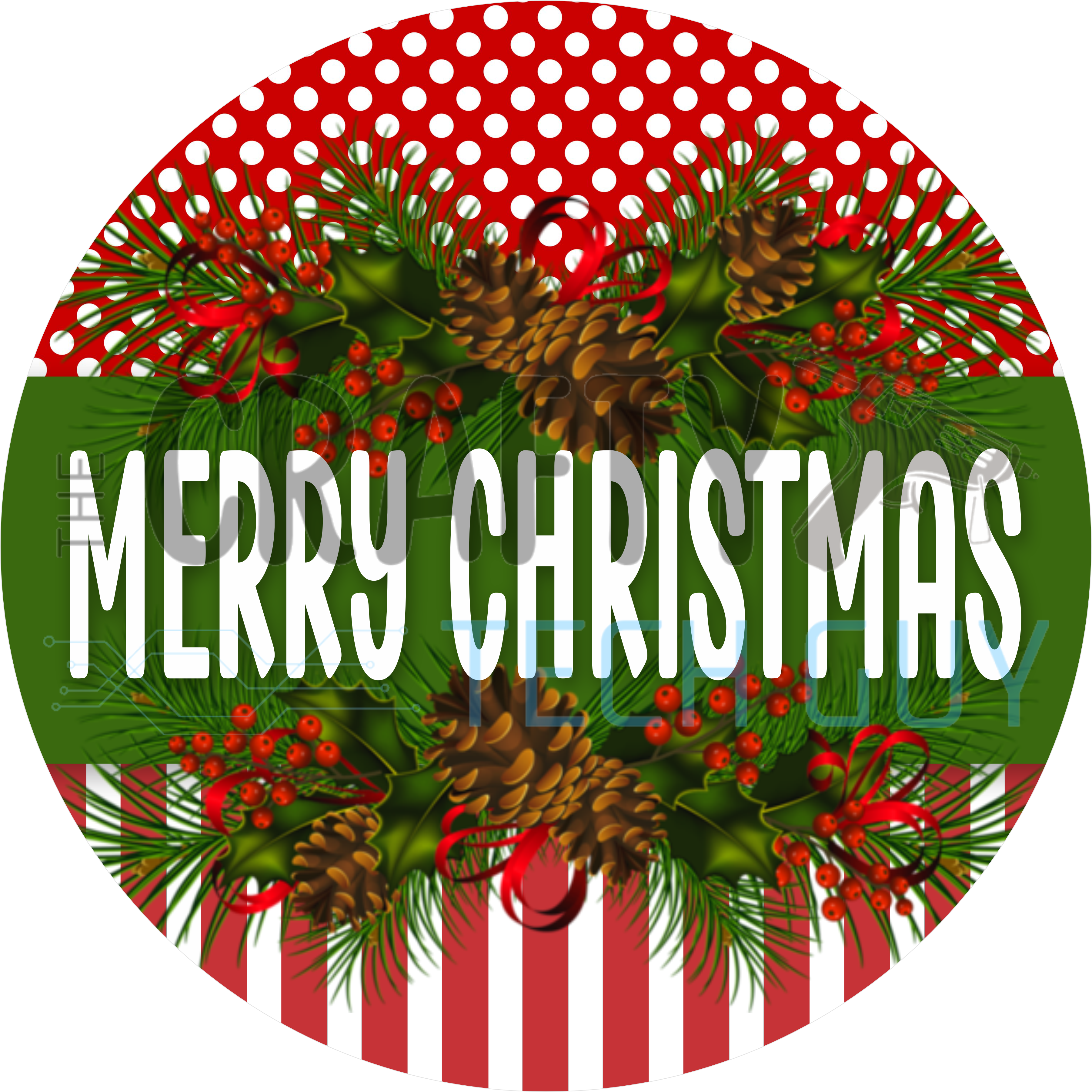 Merry Christmas round sign with white lettering on green band, pinecones, holly berries, red polka dots and candy stripes