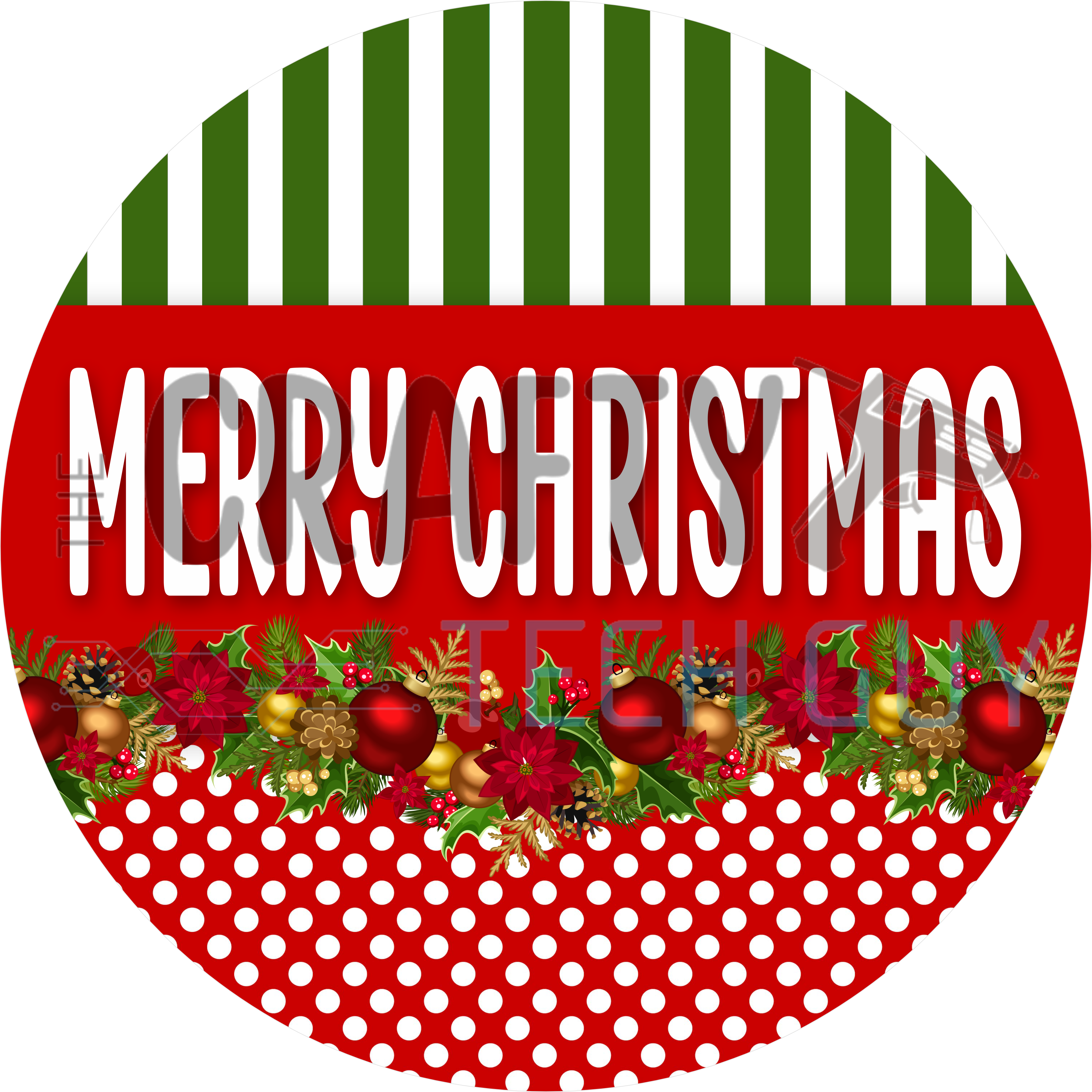 Merry Christmas round sign with white lettering on red band, poinsettias, holly, gold ornaments, green stripes and red polka dots