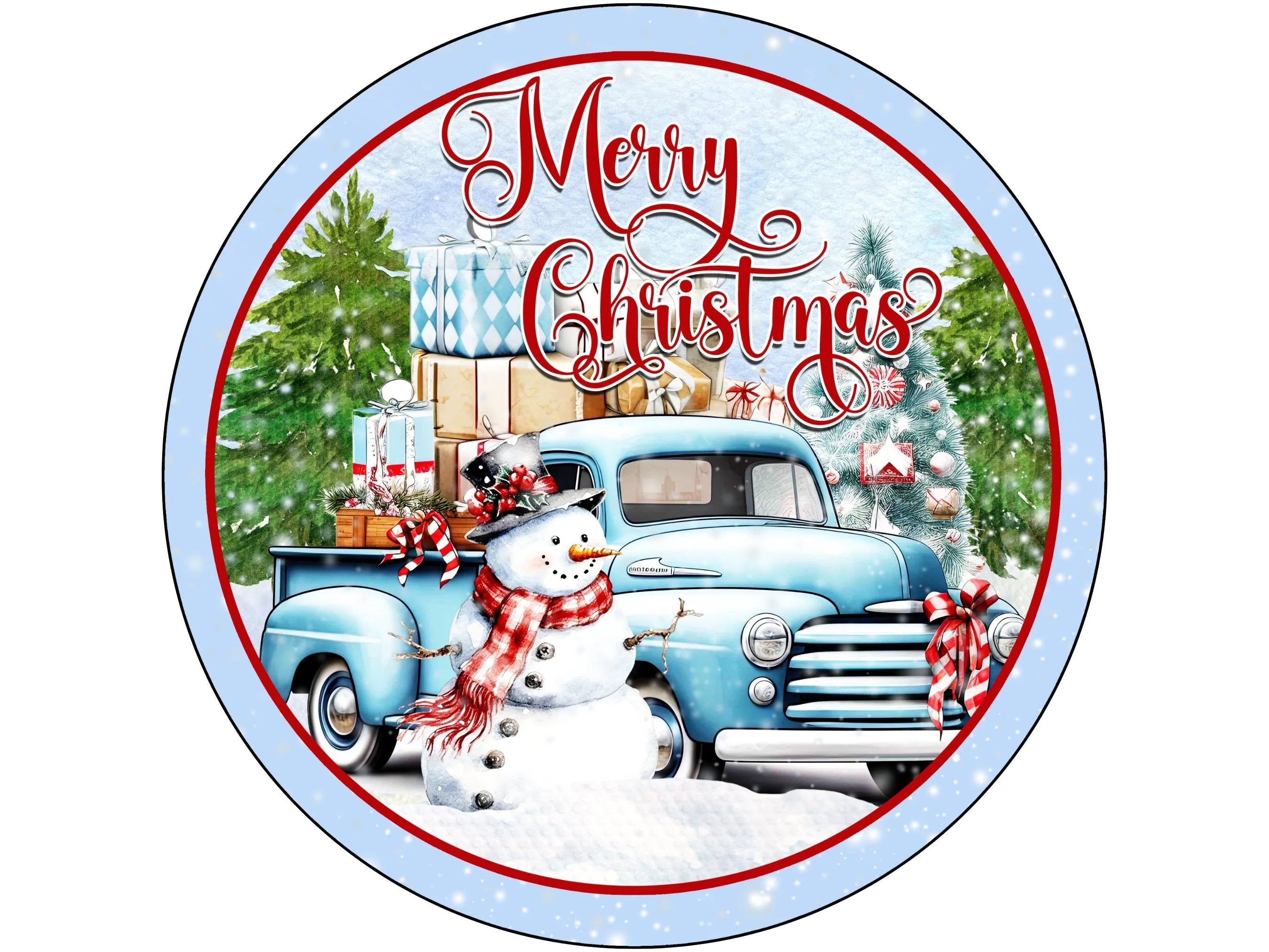 Merry Christmas blue vintage truck snowman wreath sign, sign for December, Sign for Christmas, sign for winter