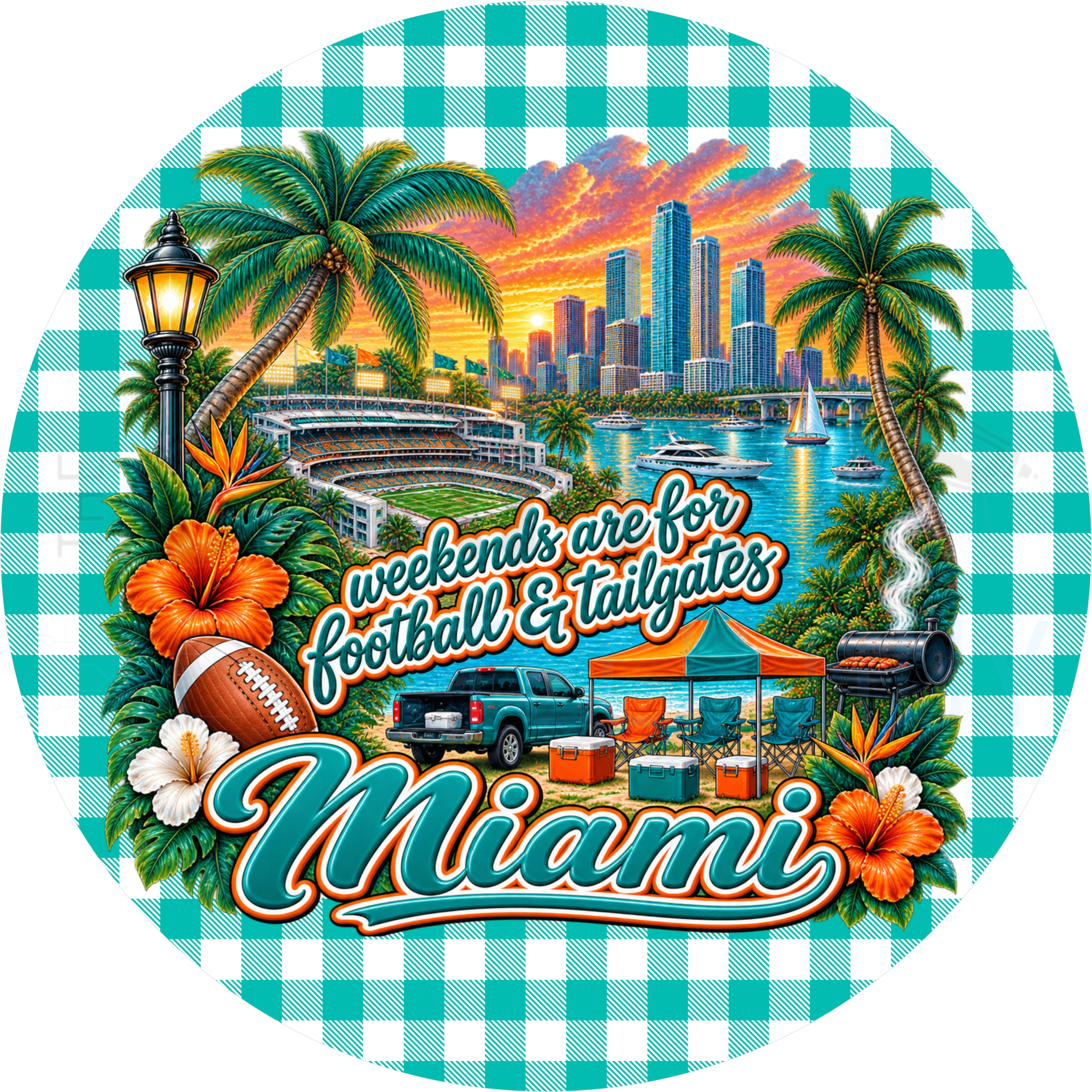 Miami football tailgate round wreath sign with teal gingham border, palm trees, skyline, stadium, Florida state outline and hibiscus flowers