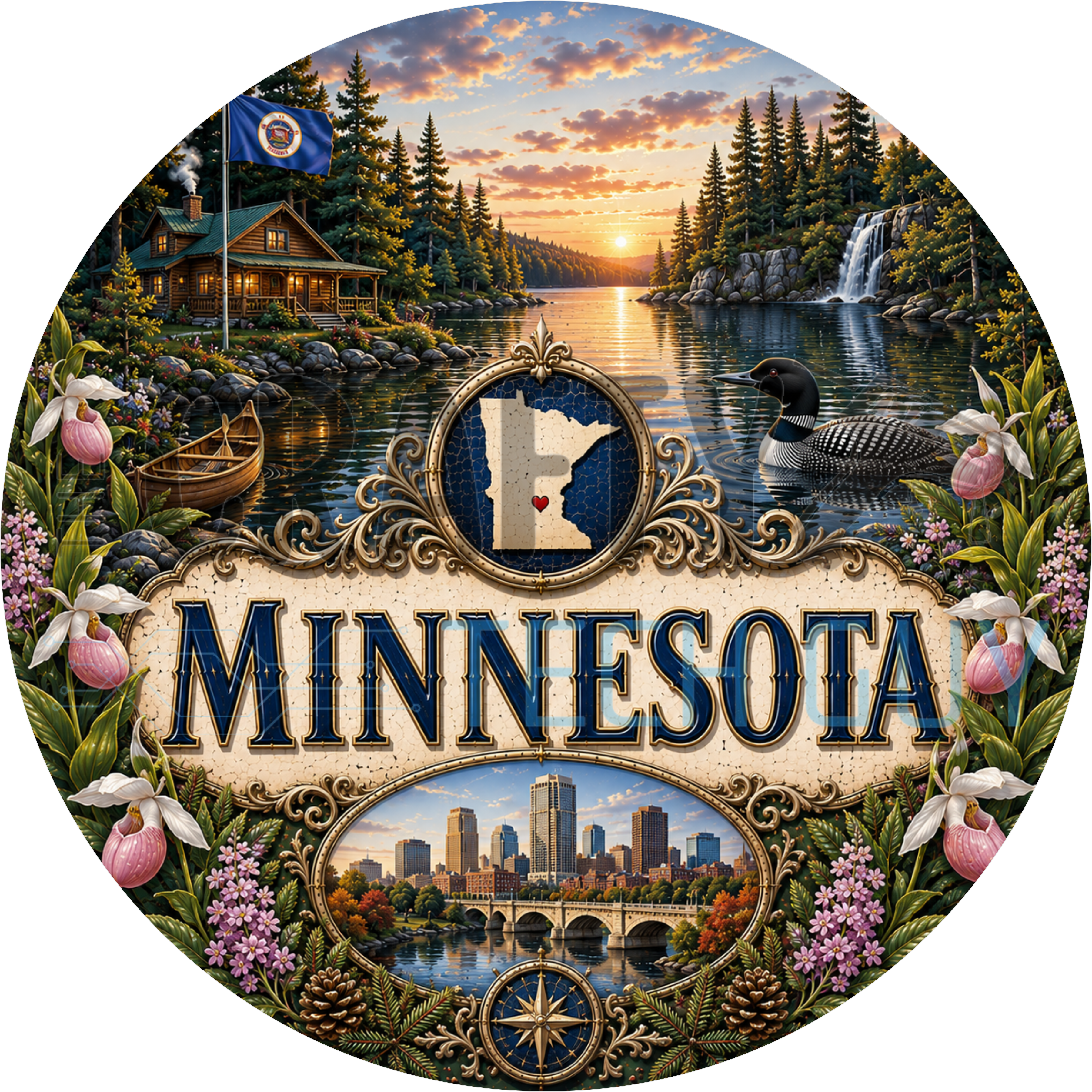 Minnesota round wreath sign in coated aluminum, showing a loon on a still lake, pink lady slipper orchids and a log cabin