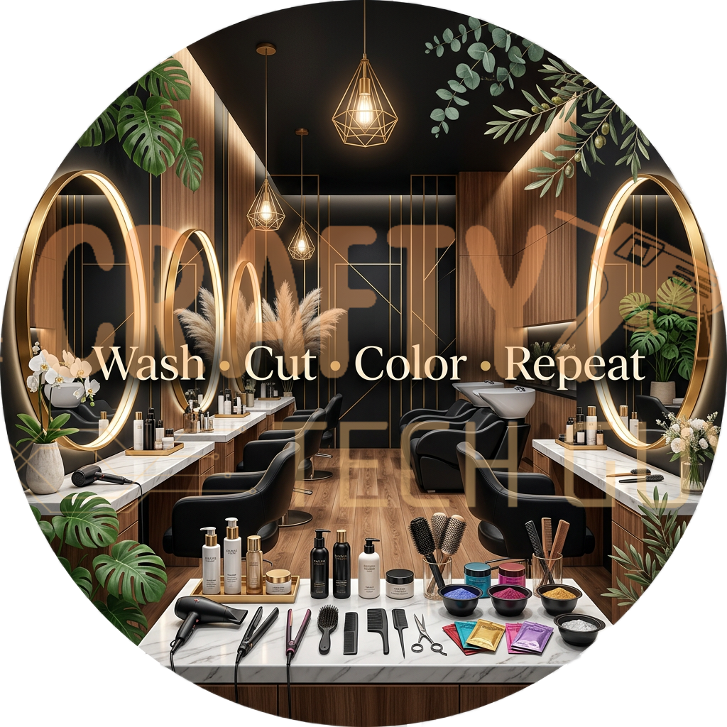 Modern black and gold salon illustration with Wash Cut Color Repeat quote sign