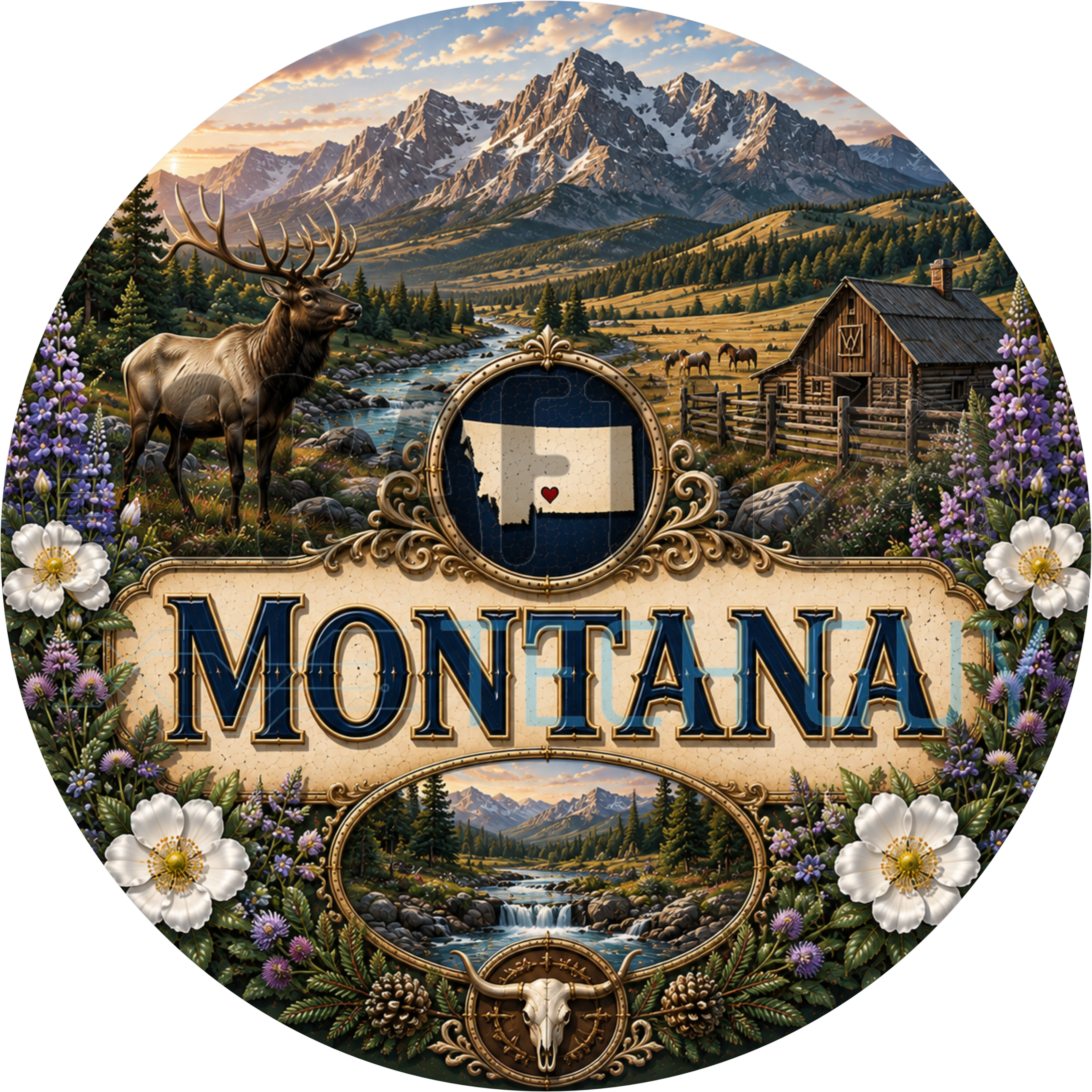 Montana round wreath sign in coated aluminum, showing a bull elk in purple lupine with a log barn and the Rocky Mountains