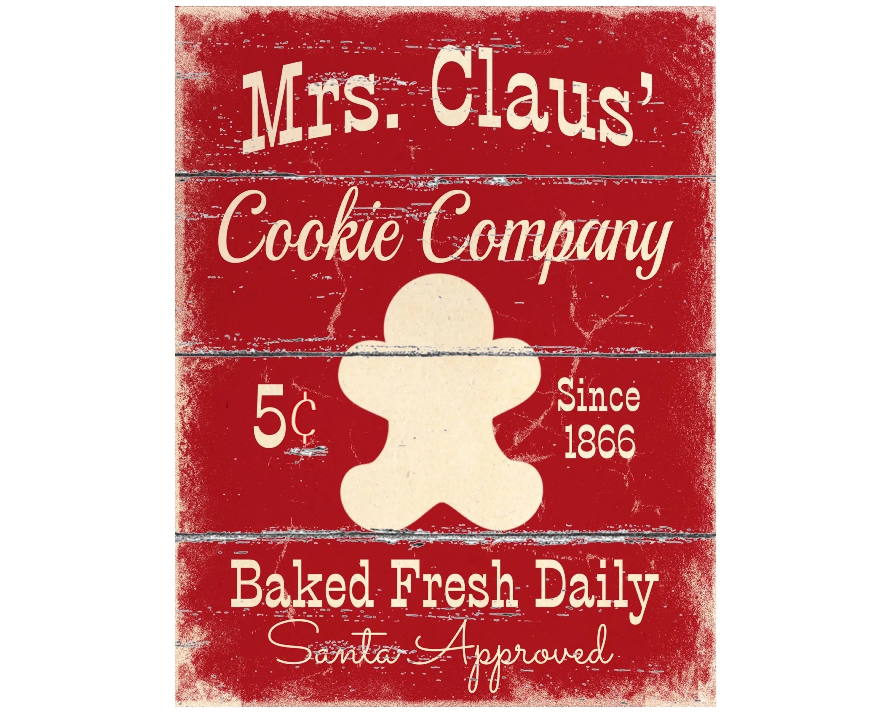 Letrero navideño vintage de la Compañía de Galletas de la Sra. Claus | Decoración de pared para cocina rústica | Letrero de panadería aprobado por Papá Noel | Placa de galleta de jengibre