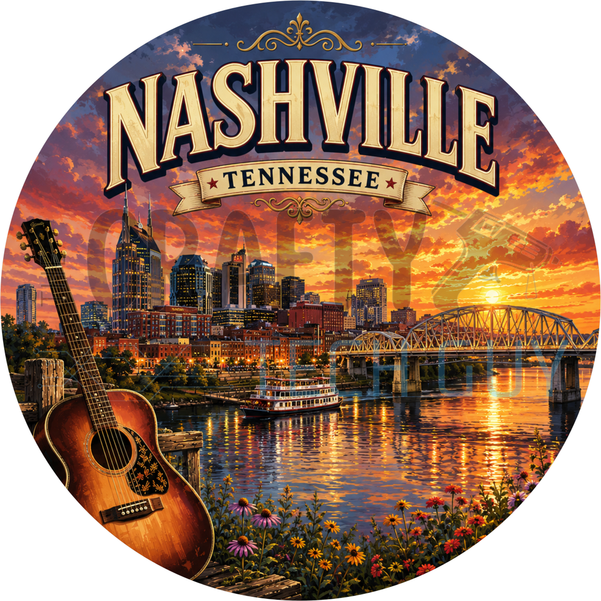 Nashville Tennessee round wreath sign with the sunset skyline, paddlewheel riverboat, truss bridge and a guitar on dock pilings