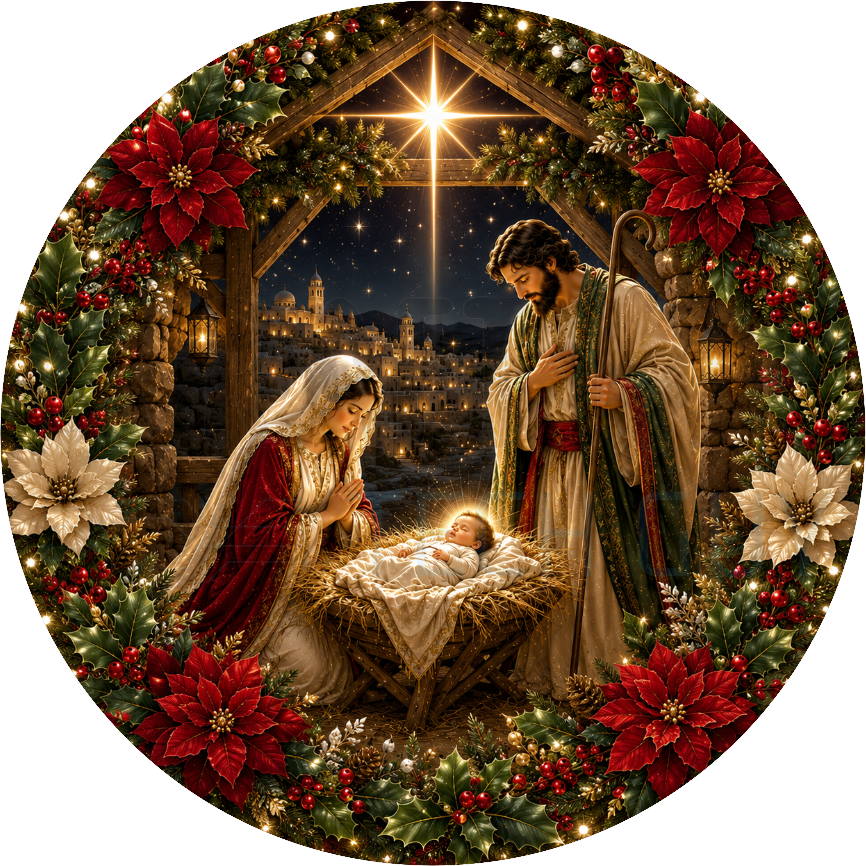 Nativity round Christmas wreath sign in coated aluminum, showing Mary and Joseph at the manger under the star, framed by red poinsettias and holly