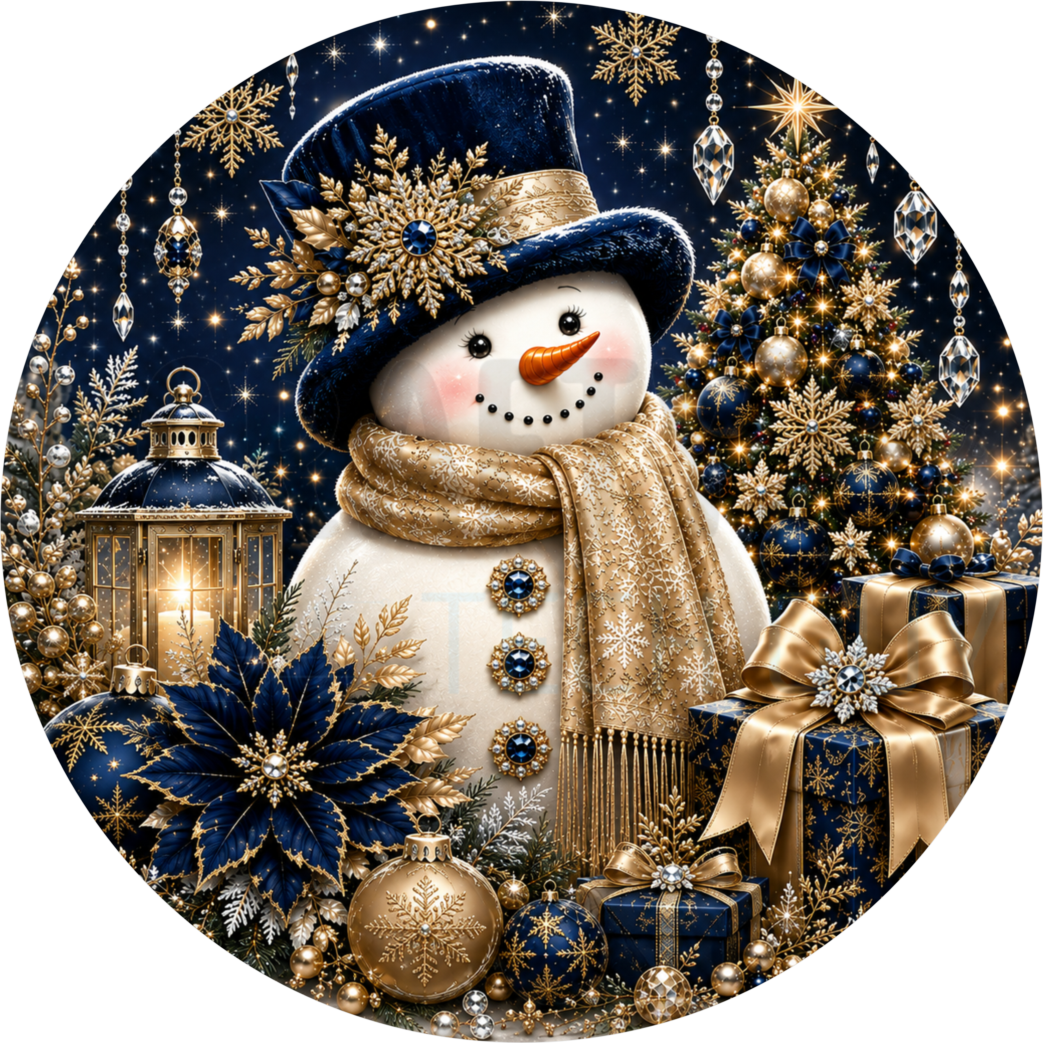 Glam Christmas round wreath sign in coated aluminum, showing a snowman in a navy velvet top hat with gold snowflakes and sapphire ornaments