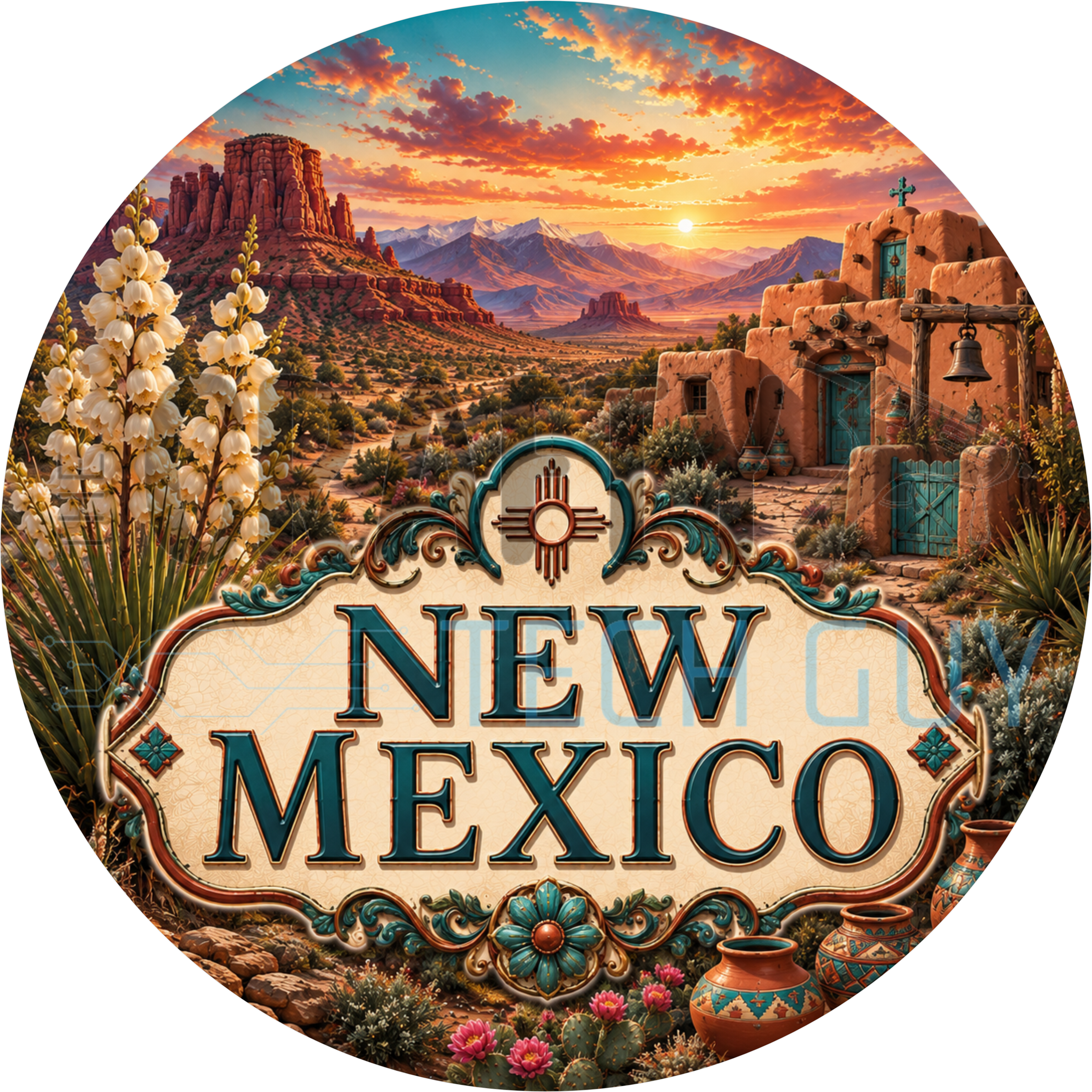 New Mexico round wreath sign in coated aluminum, showing white yucca blooms, an adobe mission church and a red Zia sun