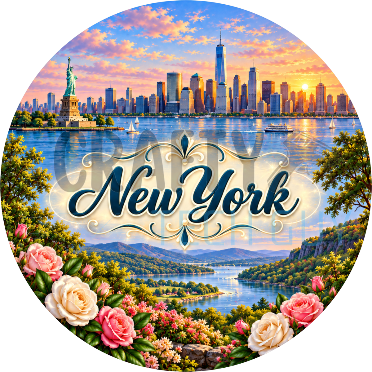 Round New York state wreath sign with navy script lettering over the NYC skyline and Statue of Liberty at sunset, the Hudson River and pink and cream roses
