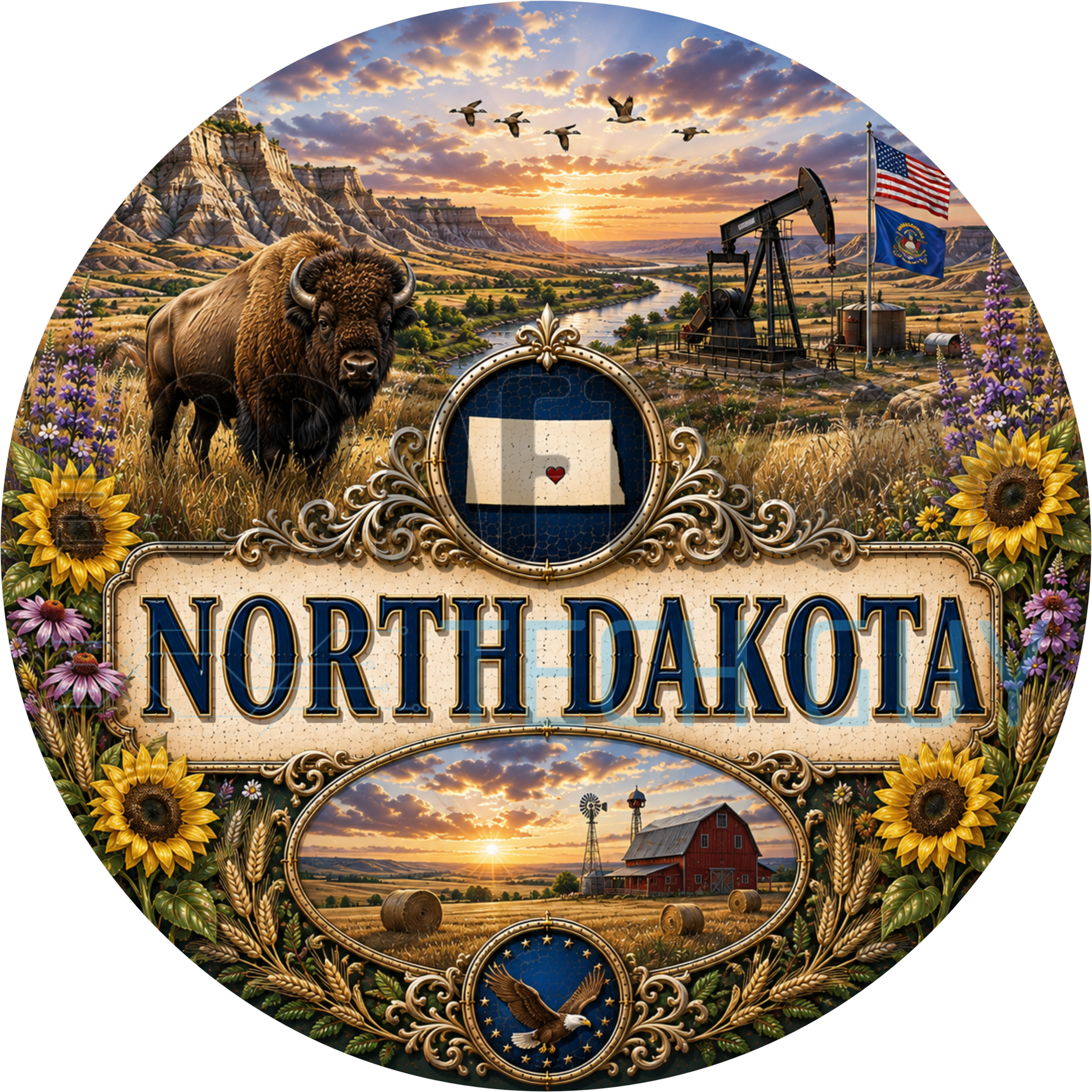 North Dakota round wreath sign in coated aluminum, showing a bison, golden sunflowers, prairie grass and badlands buttes