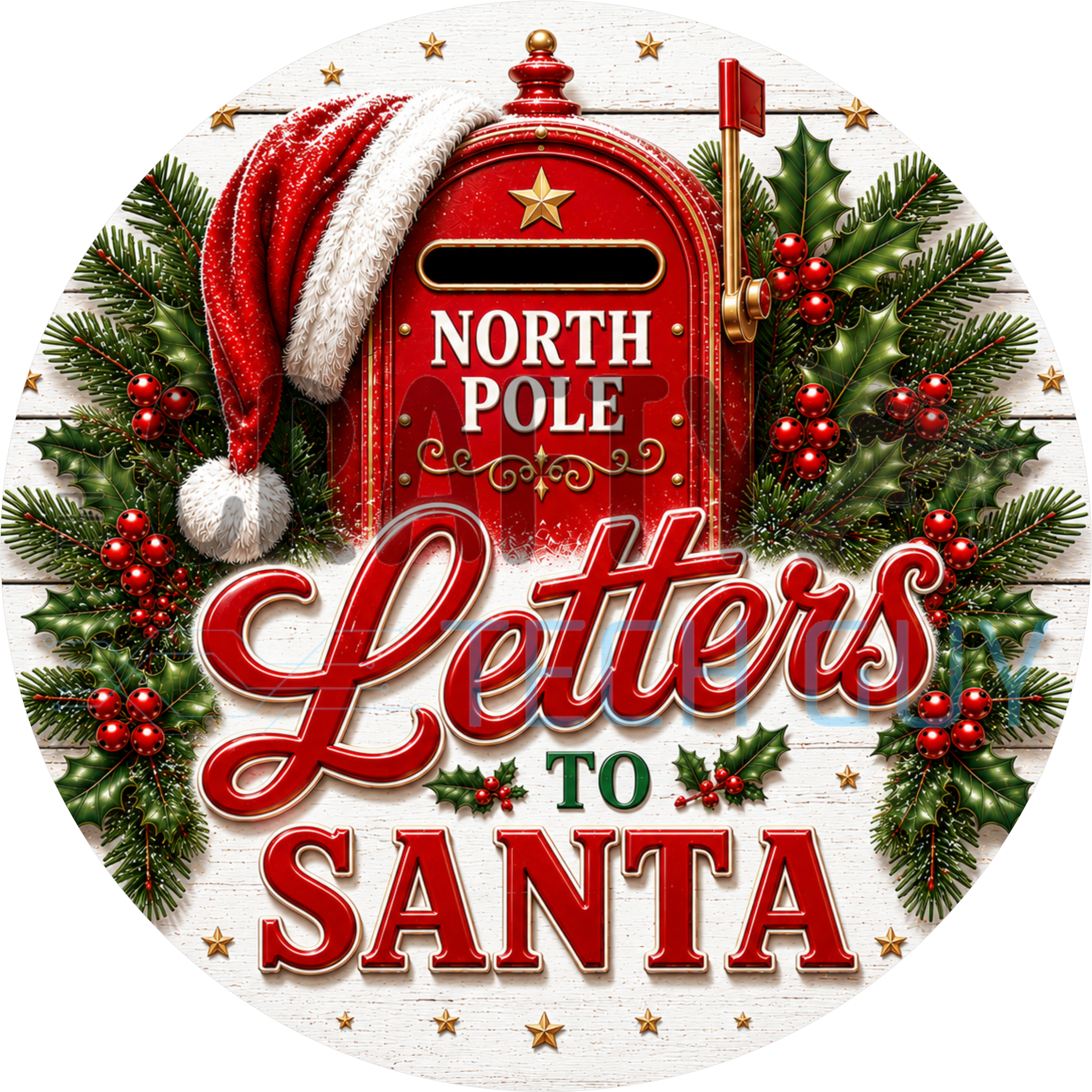 North Pole Letters To Santa round sign with red mailbox in a Santa hat, pine boughs, holly berries and gold stars on white shiplap