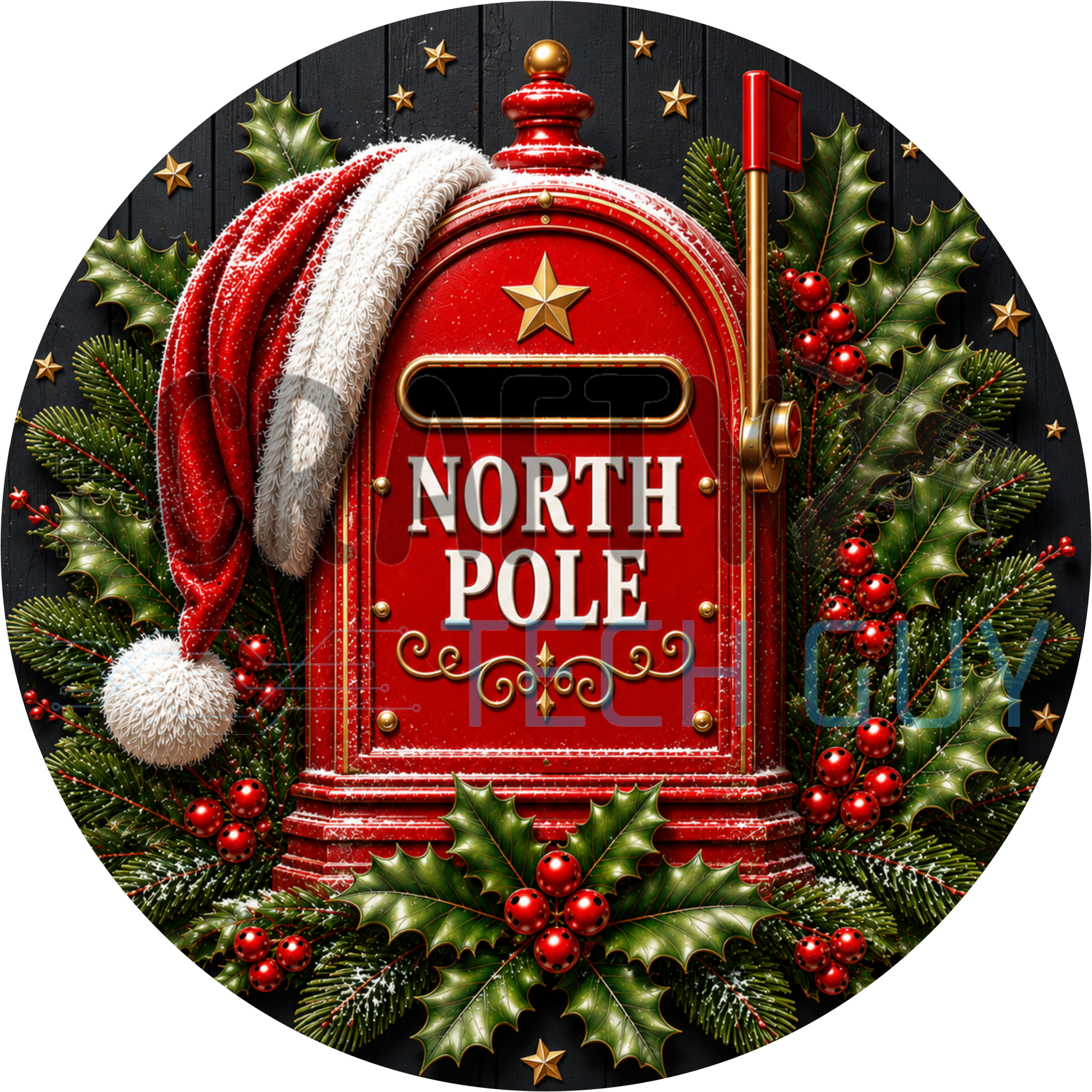 North Pole mailbox round sign with red mailbox, Santa hat, holly berries and gold stars on black shiplap
