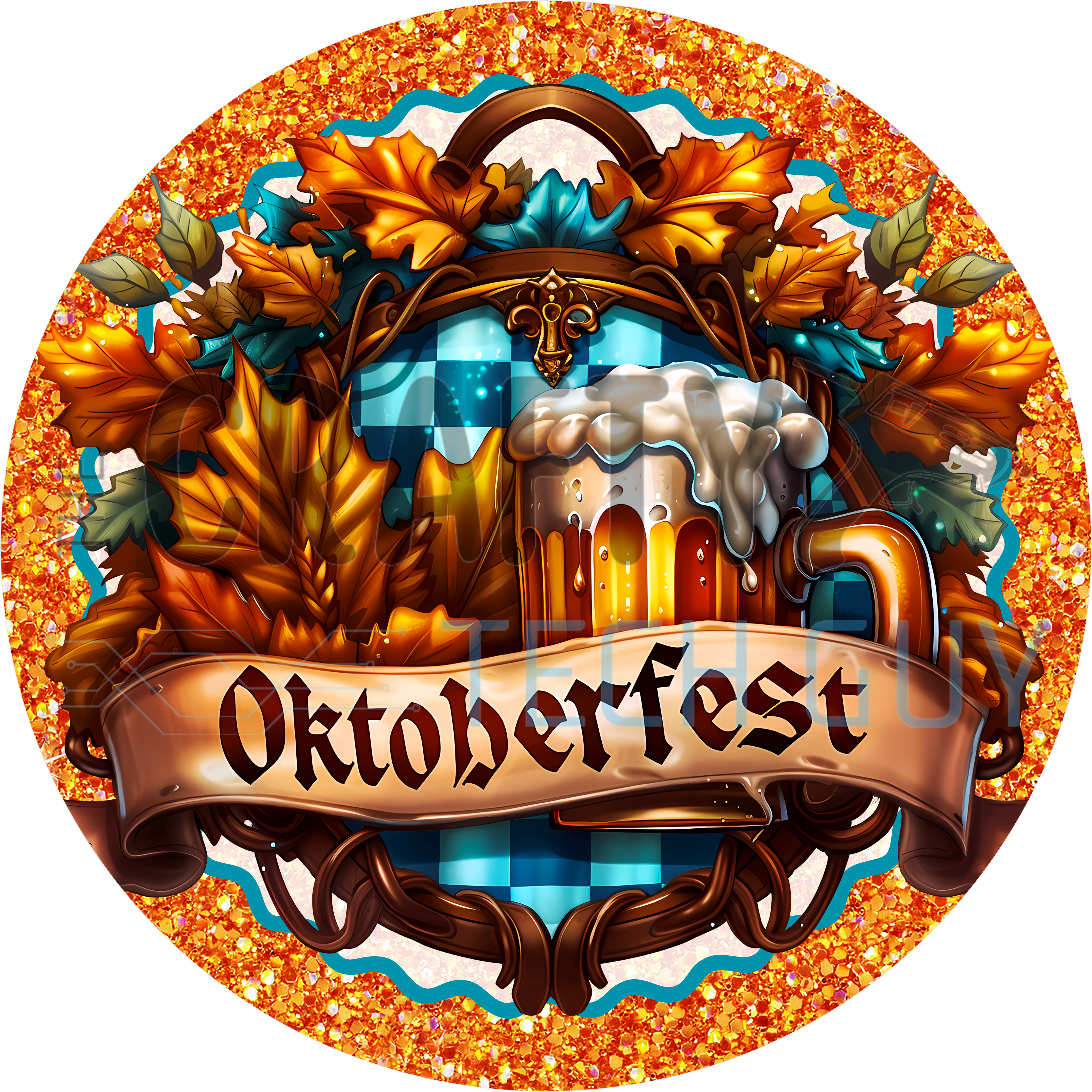 Oktoberfest round sign with frothy beer stein, wooden banner, oak leaves, Bavarian check and orange glitter border