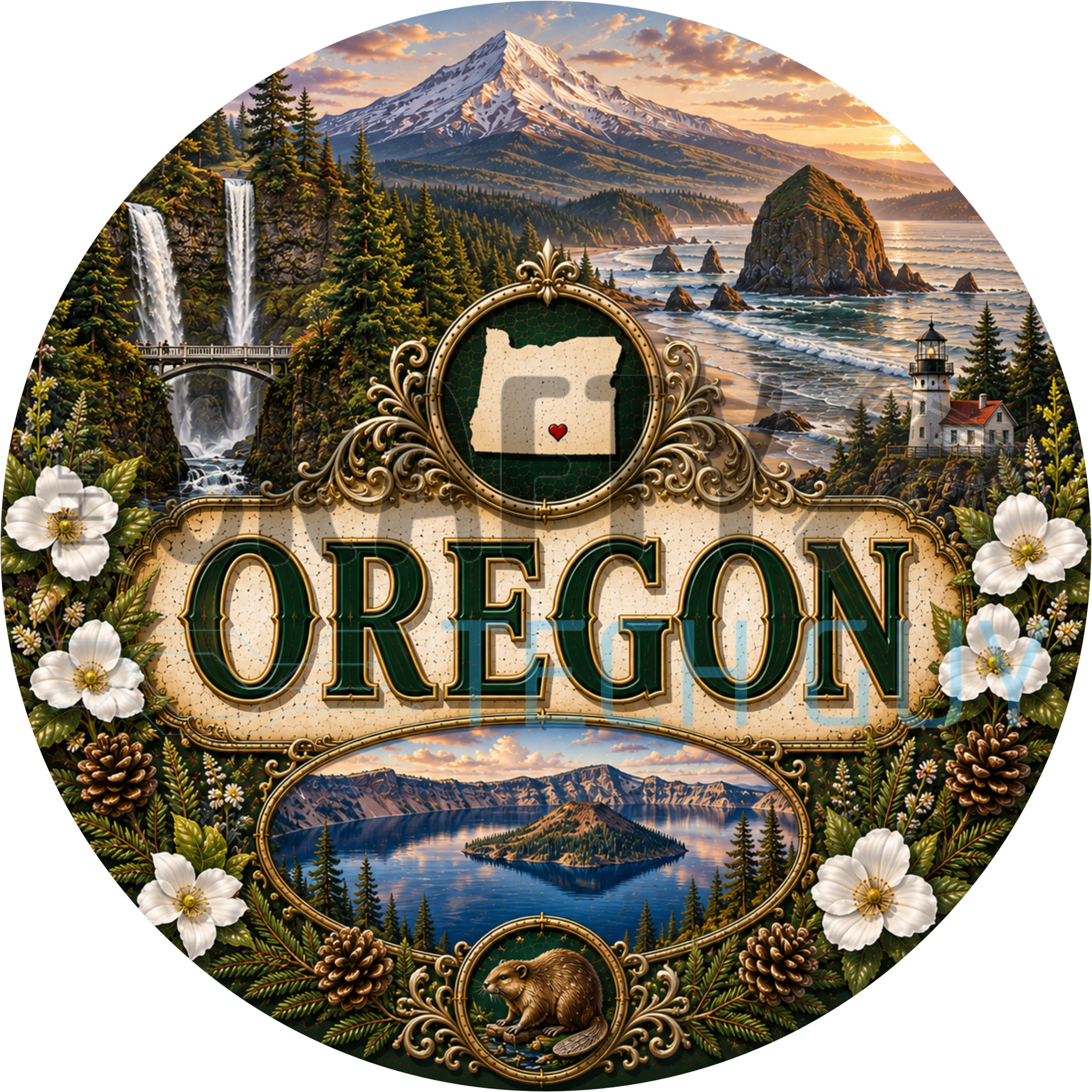 Oregon round wreath sign in coated aluminum, showing Mount Hood, Multnomah Falls, evergreen forest and the Pacific coast