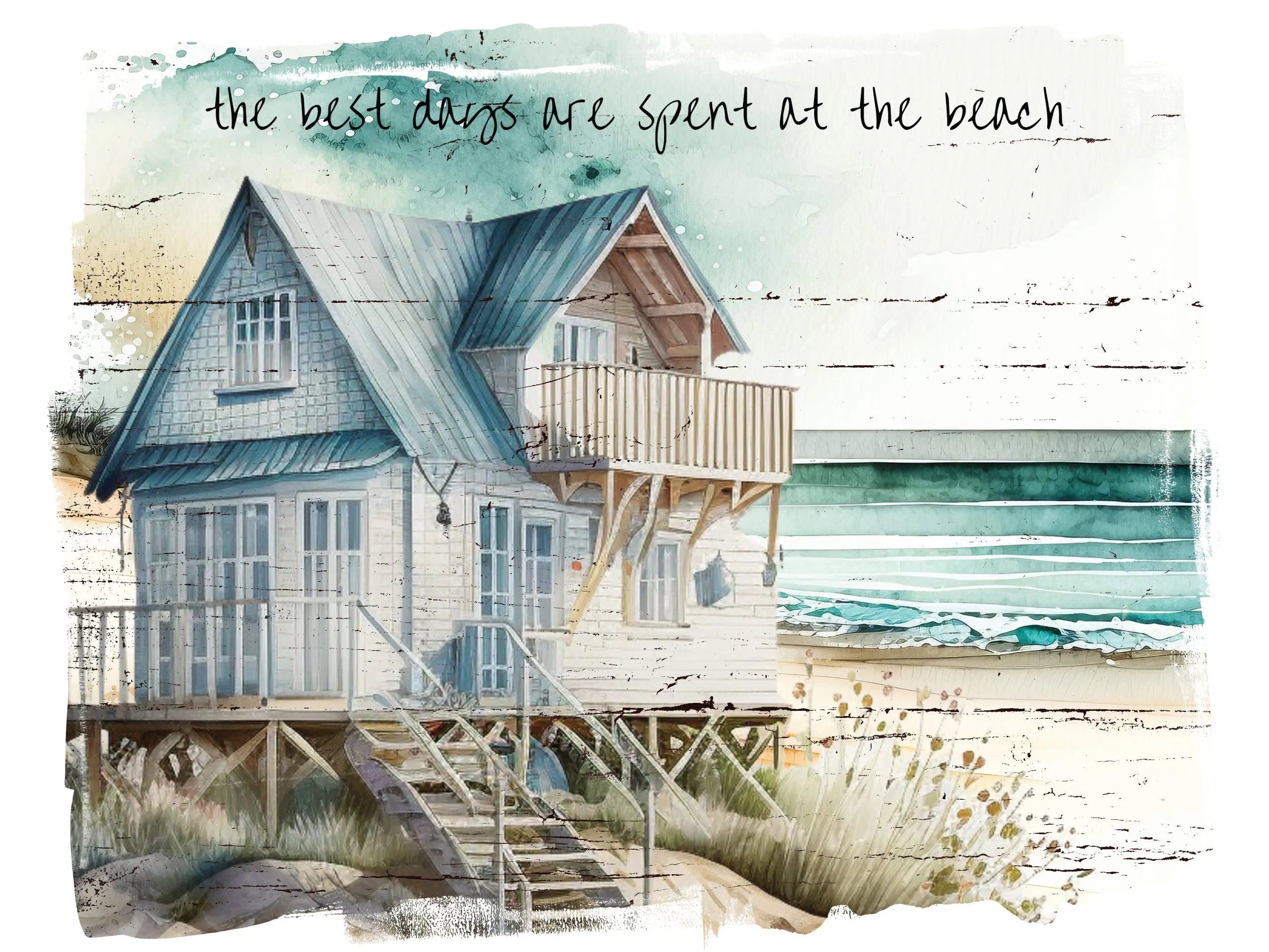 pastel watercolor house at the beach sign, beach house ocean and sand wall art, gift for new beach house owner, brush stroke border