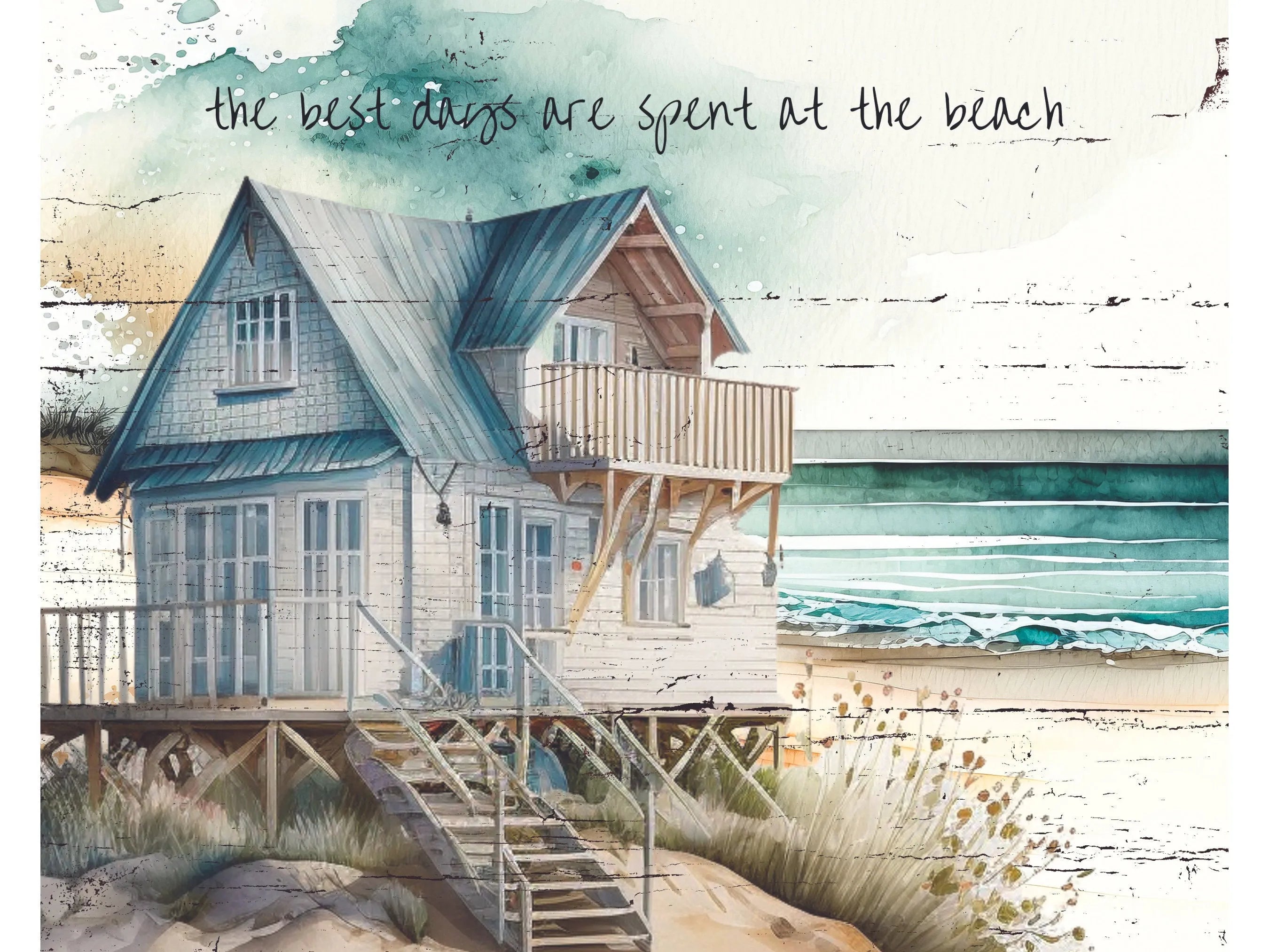 pastel watercolor house at the beach sign, beach house ocean and sand wall art, gift for new beach house owner