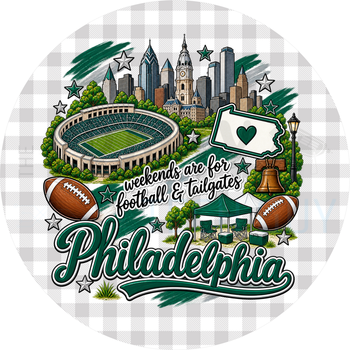 Philadelphia football tailgate round wreath sign with grey gingham border, City Hall, Liberty Bell, stadium, Pennsylvania state outline and silver stars