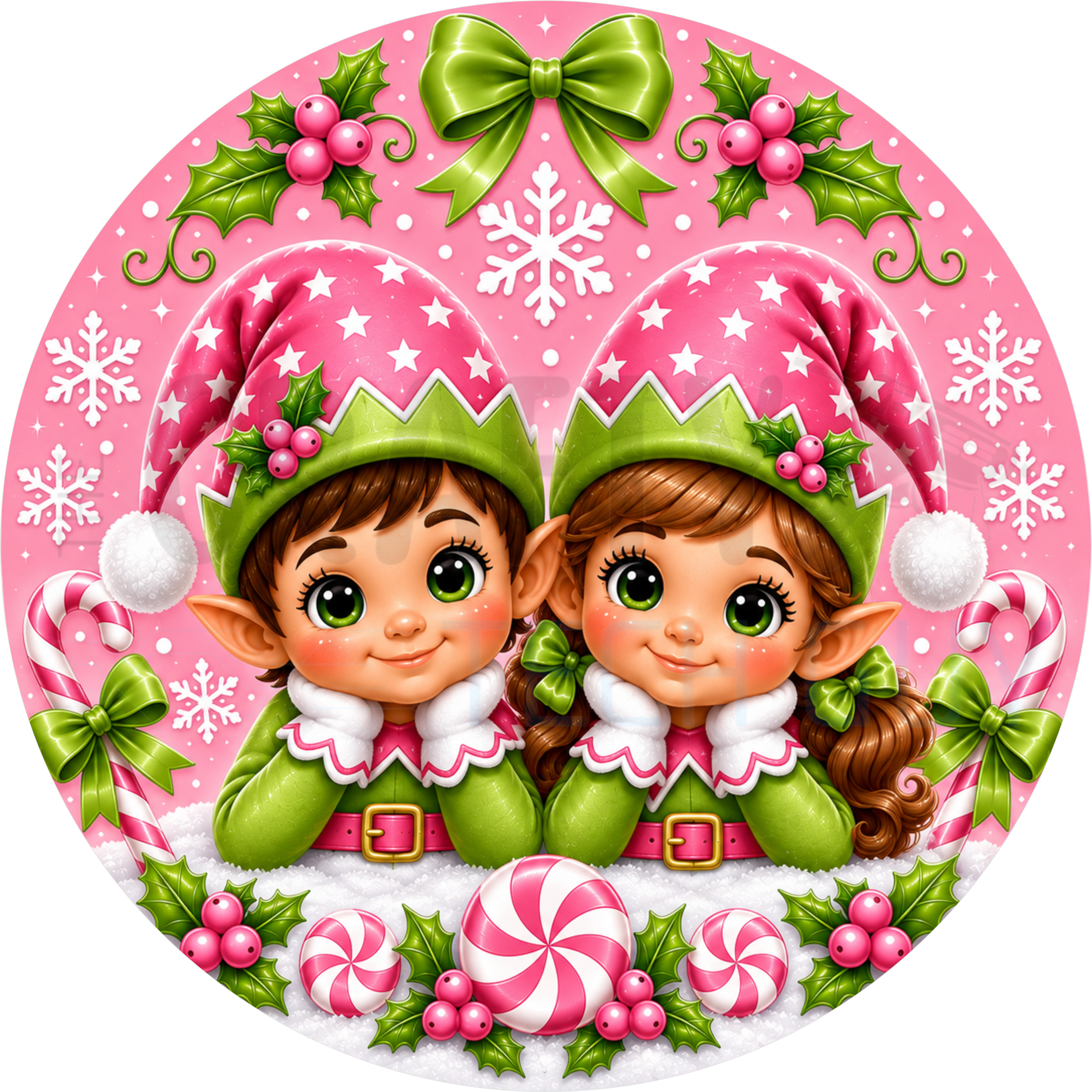 Christmas round wreath sign in coated aluminum, showing two retro elves in pink star hats with peppermint swirls, candy canes and holly on pink