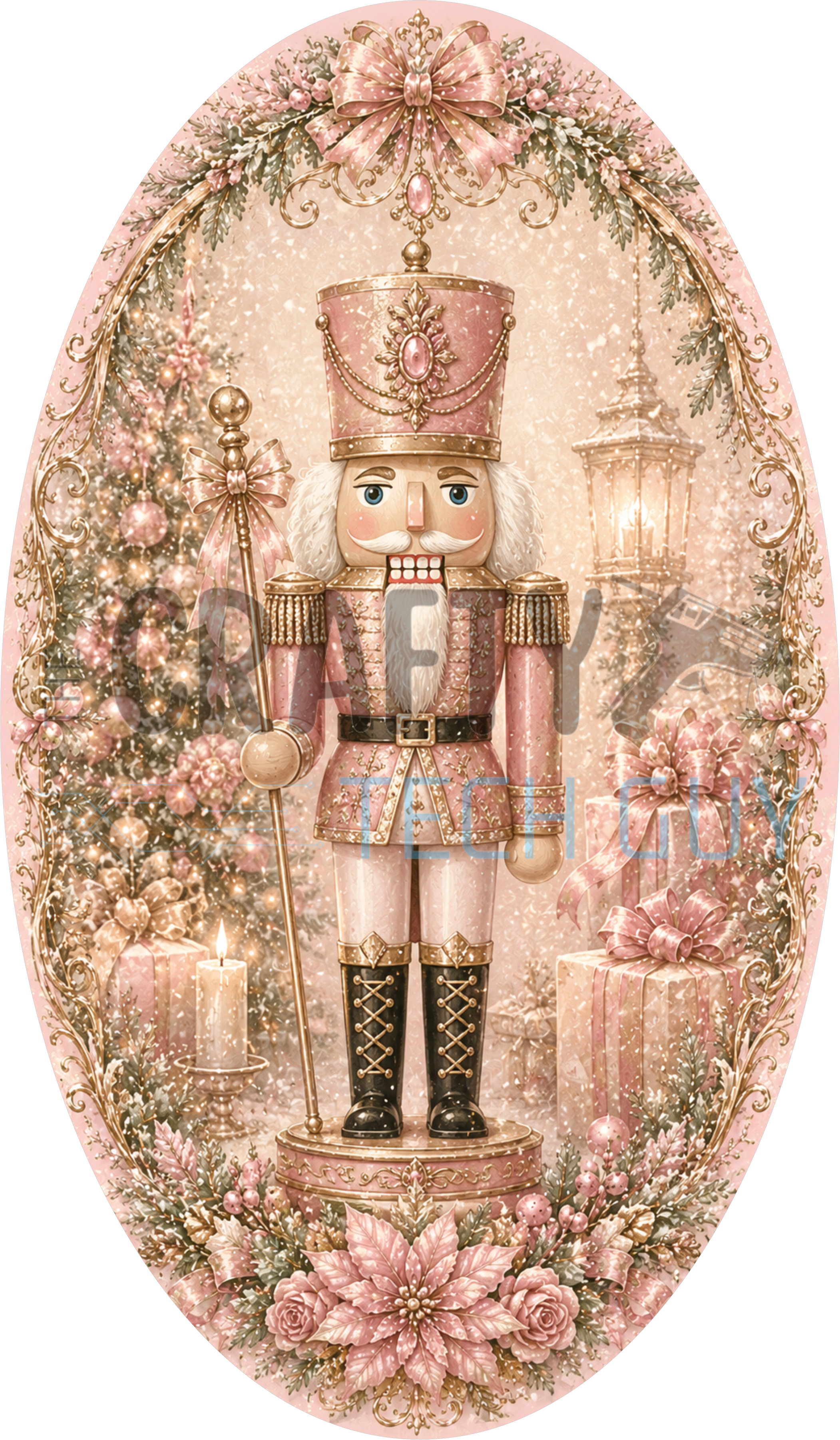 Pink pastel oval Christmas sign with blush and gold nutcracker soldier, lanterns, pink gifts and poinsettias