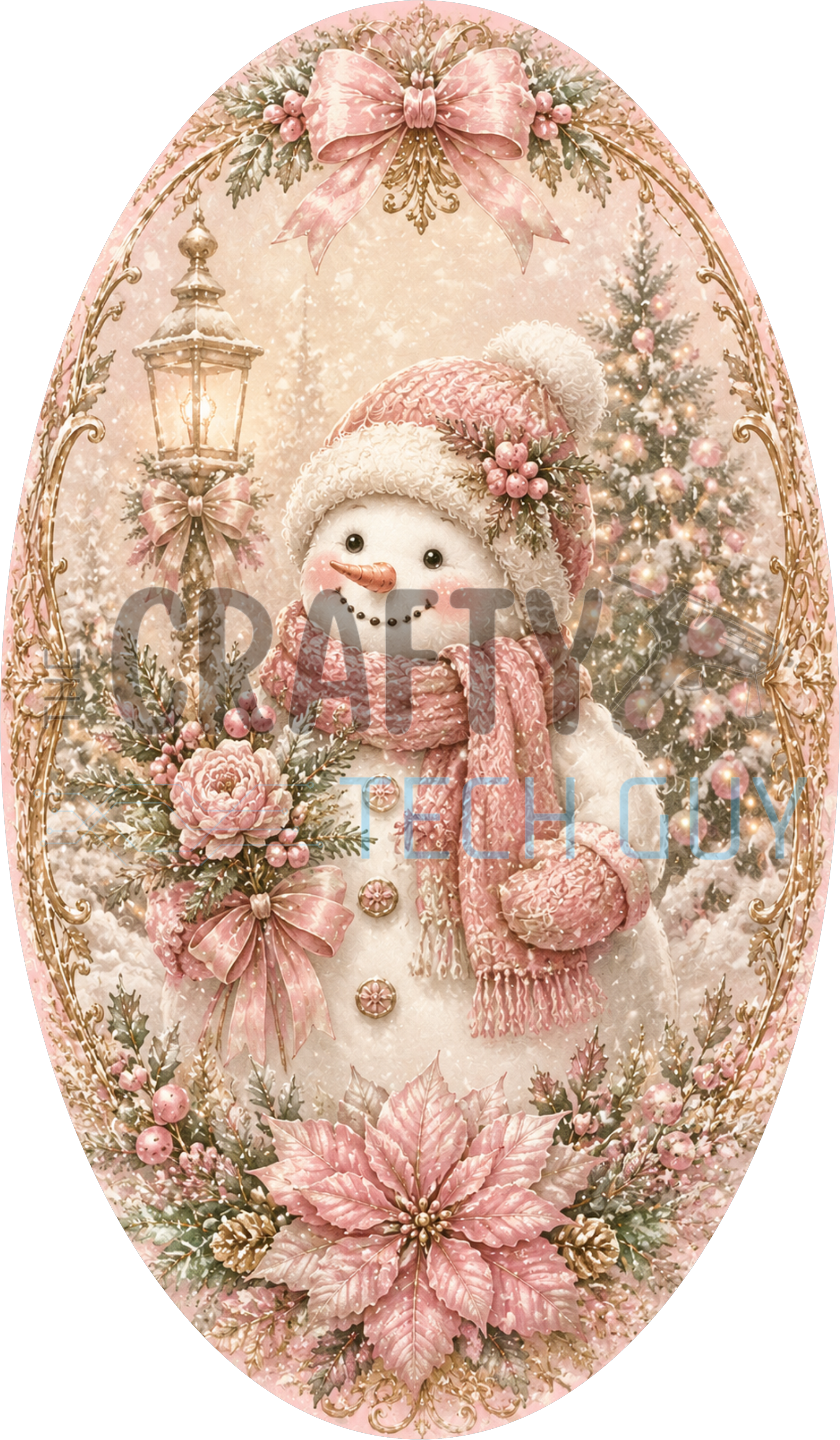 Pink pastel oval Christmas sign with snowman in pink knit hat and scarf holding roses beside a lantern and pink trees