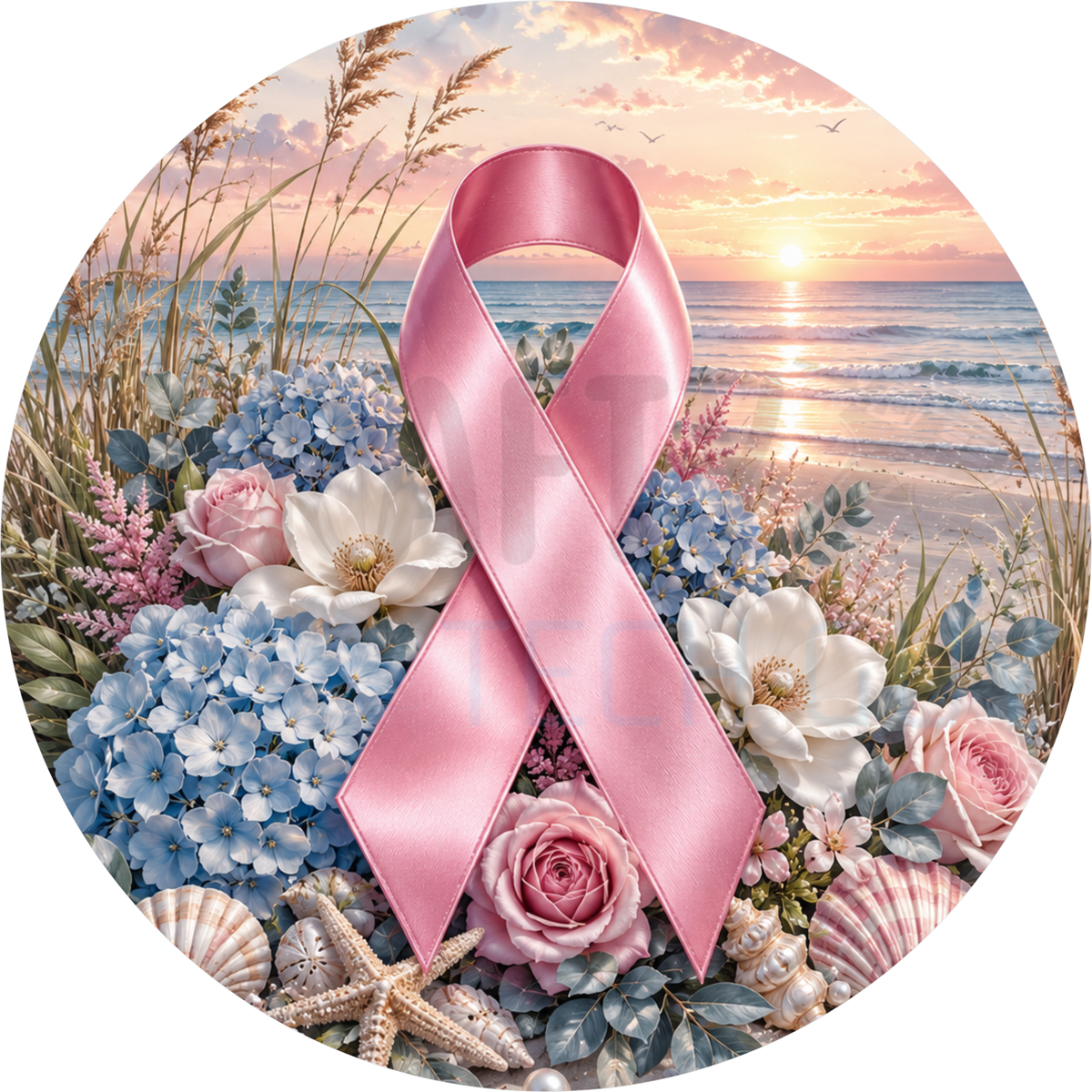 Pink ribbon breast cancer awareness round wreath sign on a beach at sunset with blue hydrangea, white magnolias, sea oats, shells and a starfish
