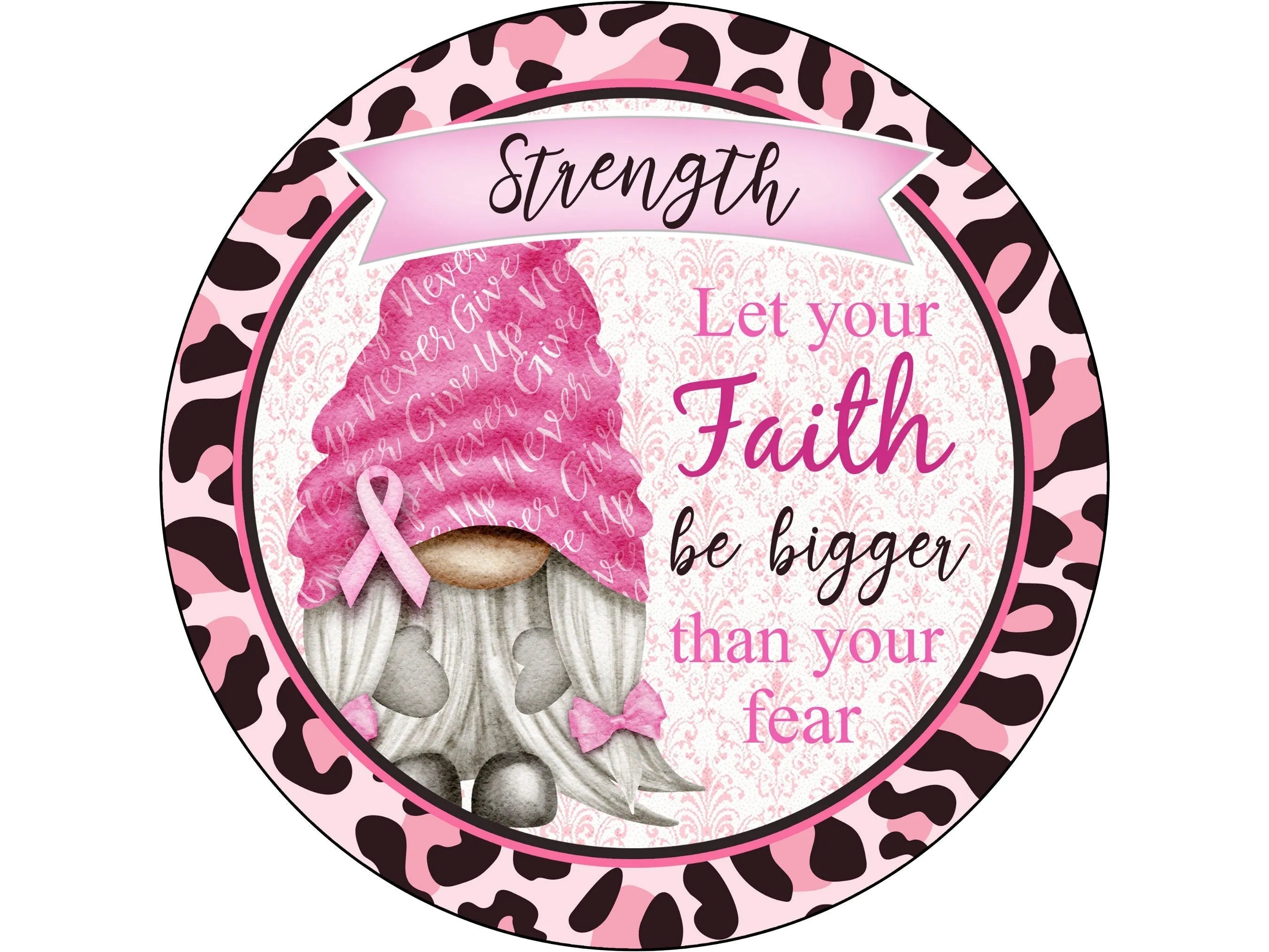 Corona de gnomos rosas para concienciar sobre el cáncer de mama, cinta rosa para el cáncer, arte mural para concienciar sobre el cáncer, corazones rosas para luchar contra el cáncer.