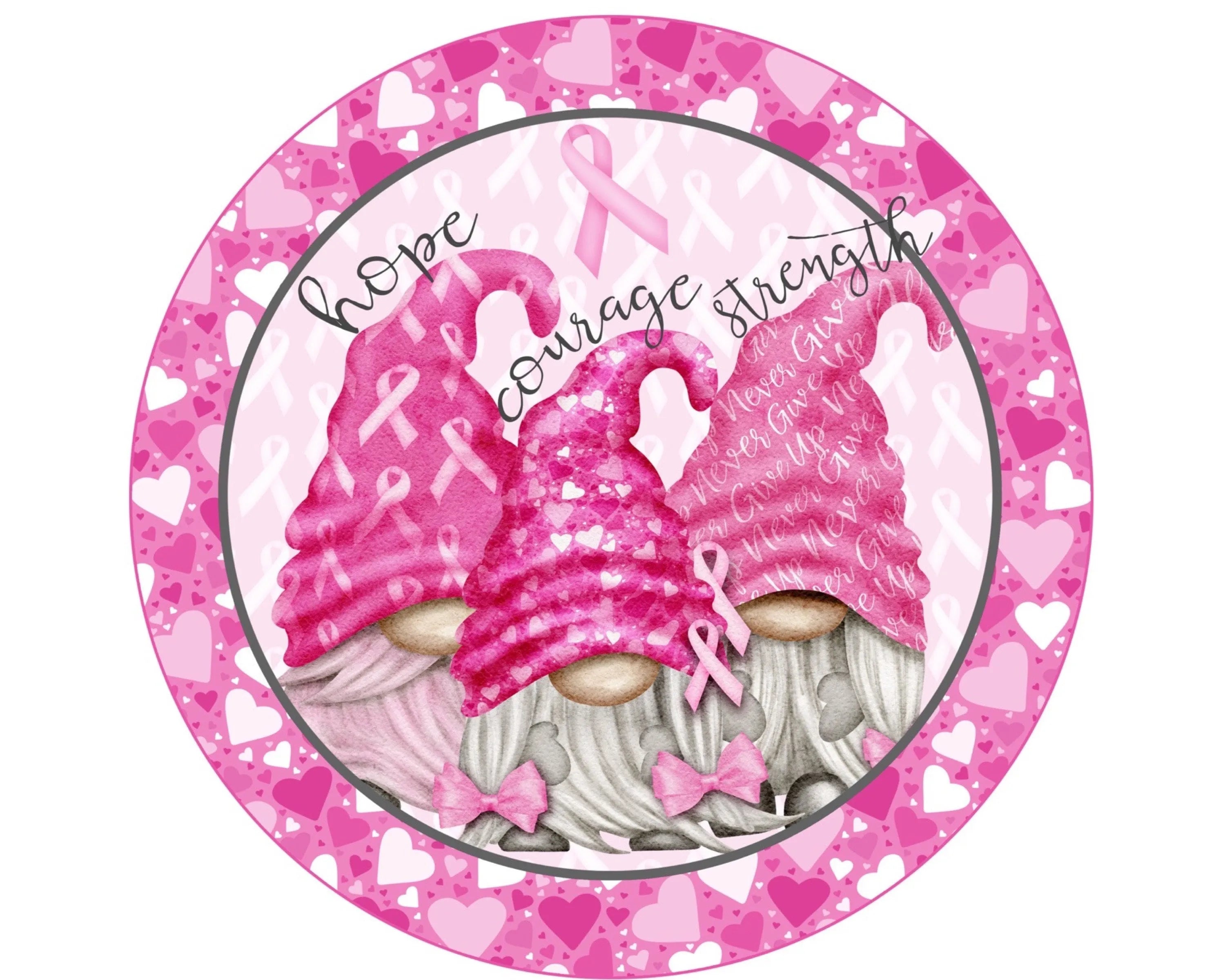 Corona de gnomos rosas para concienciar sobre el cáncer de mama, cinta rosa para el cáncer, arte mural para concienciar sobre el cáncer, corazones rosas para luchar contra el cáncer.