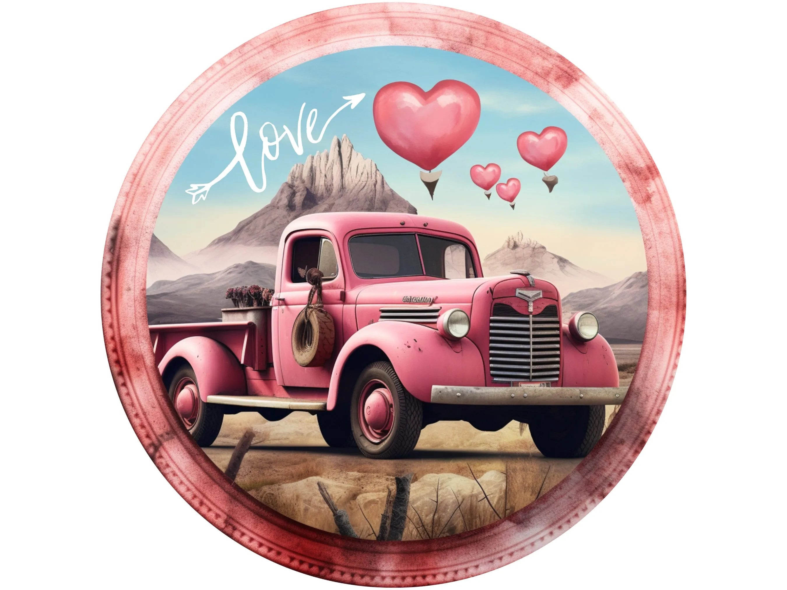 pink vintage truck Valentine's Day wreath sign, pink vintage truck and hearts wall art, vintage truck and mountains wreath attachment