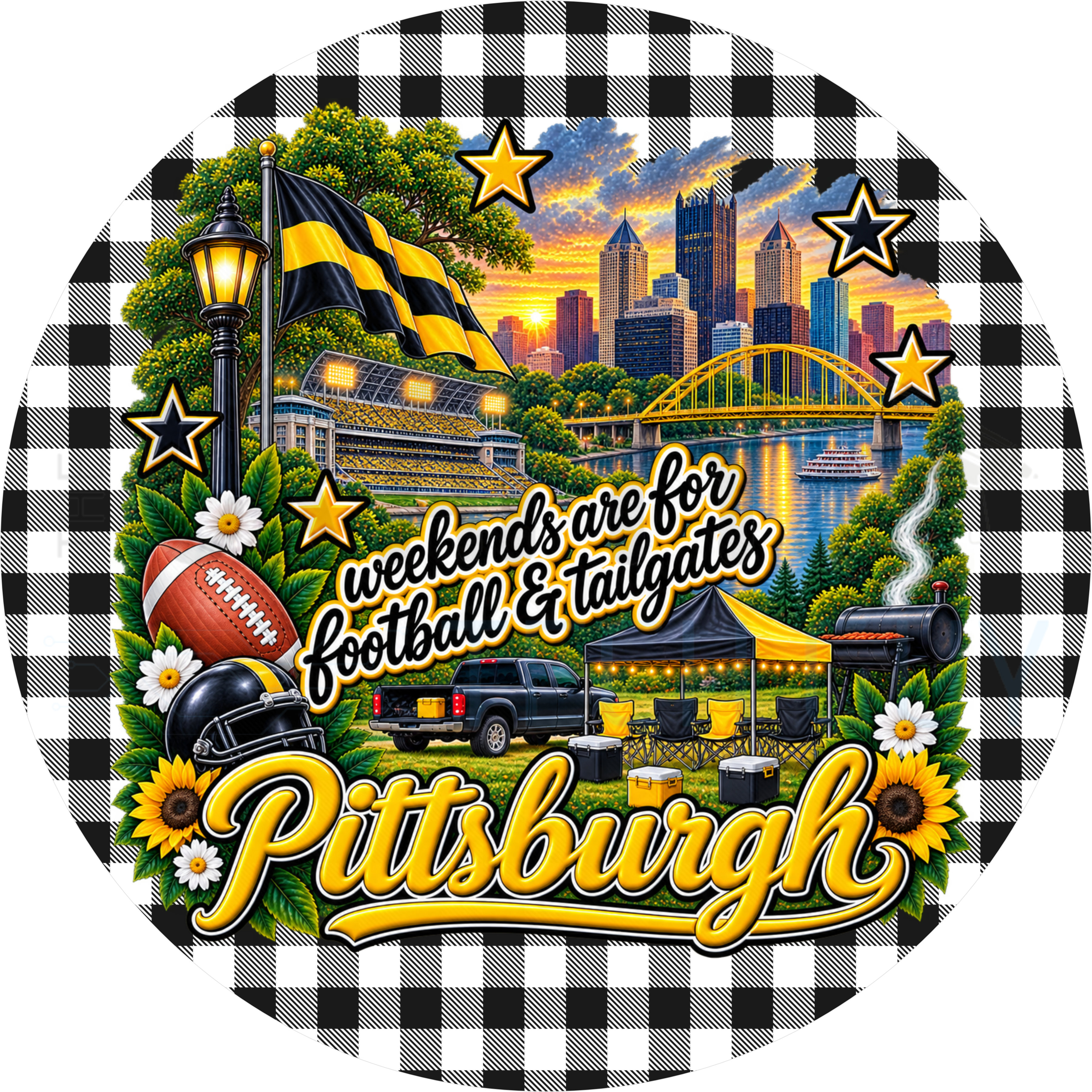 Pittsburgh football tailgate round wreath sign with black and white buffalo check border, golden bridge, skyline, stadium, helmet and sunflowers