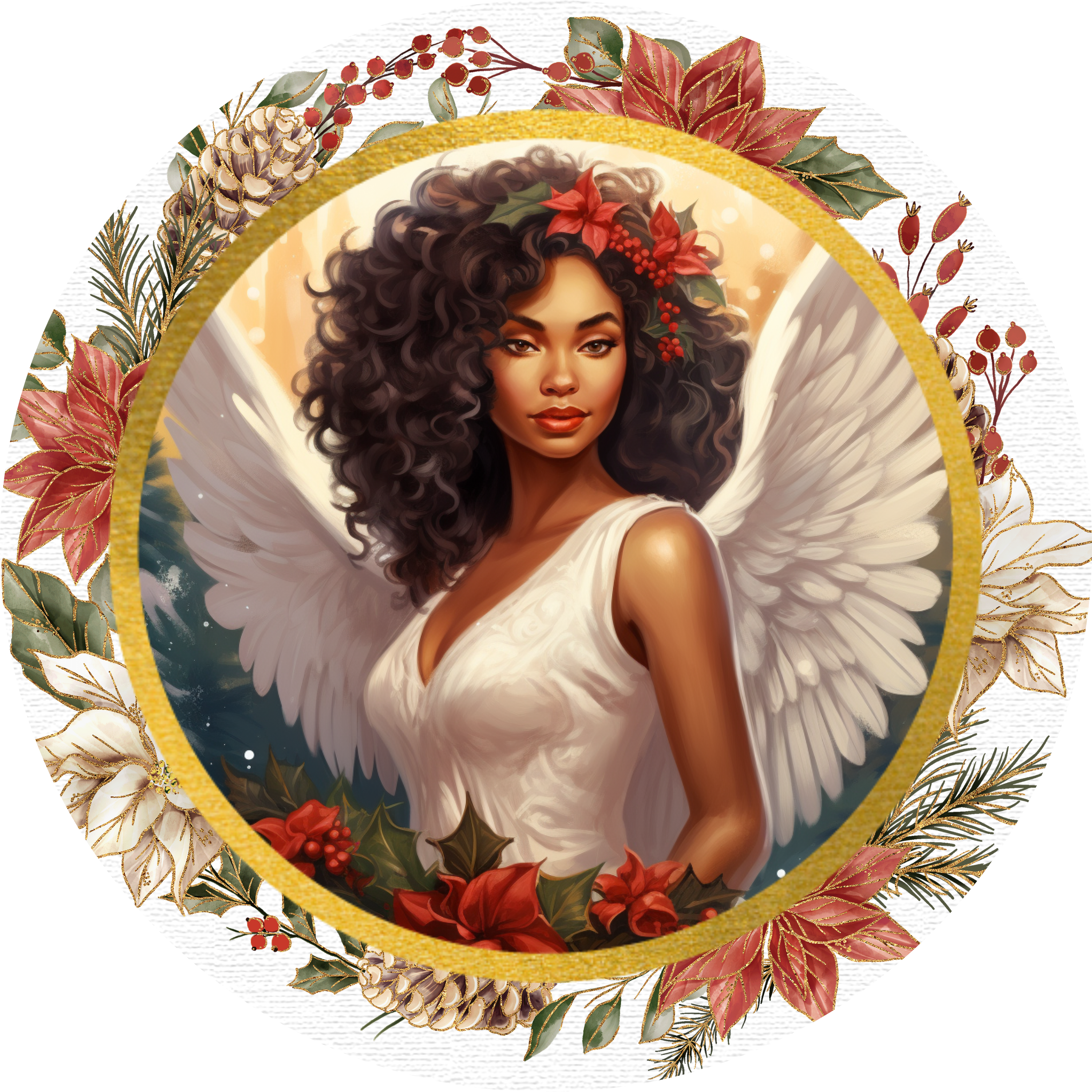 Poinsettia Christmas Angel Art, Elegant Holiday Angel Wall Decor, White and Gold Angel Design, Festive Floral Accent