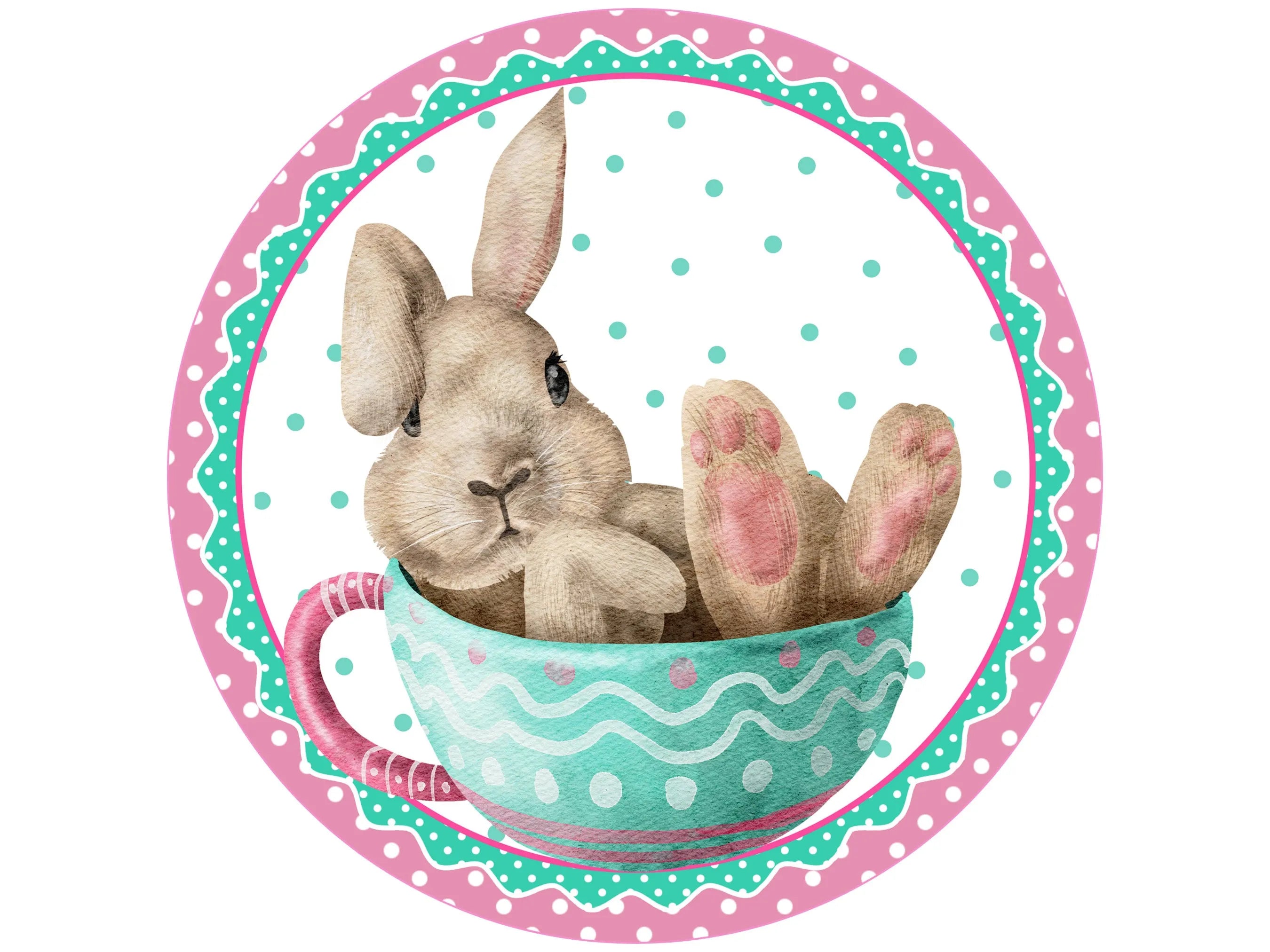 Letrero de corona de conejito de Pascua de lunares sentado en una taza de té, Pascua rosa y verde azulado con conejito sentado en una taza de café, arte de conejito de Pascua feliz