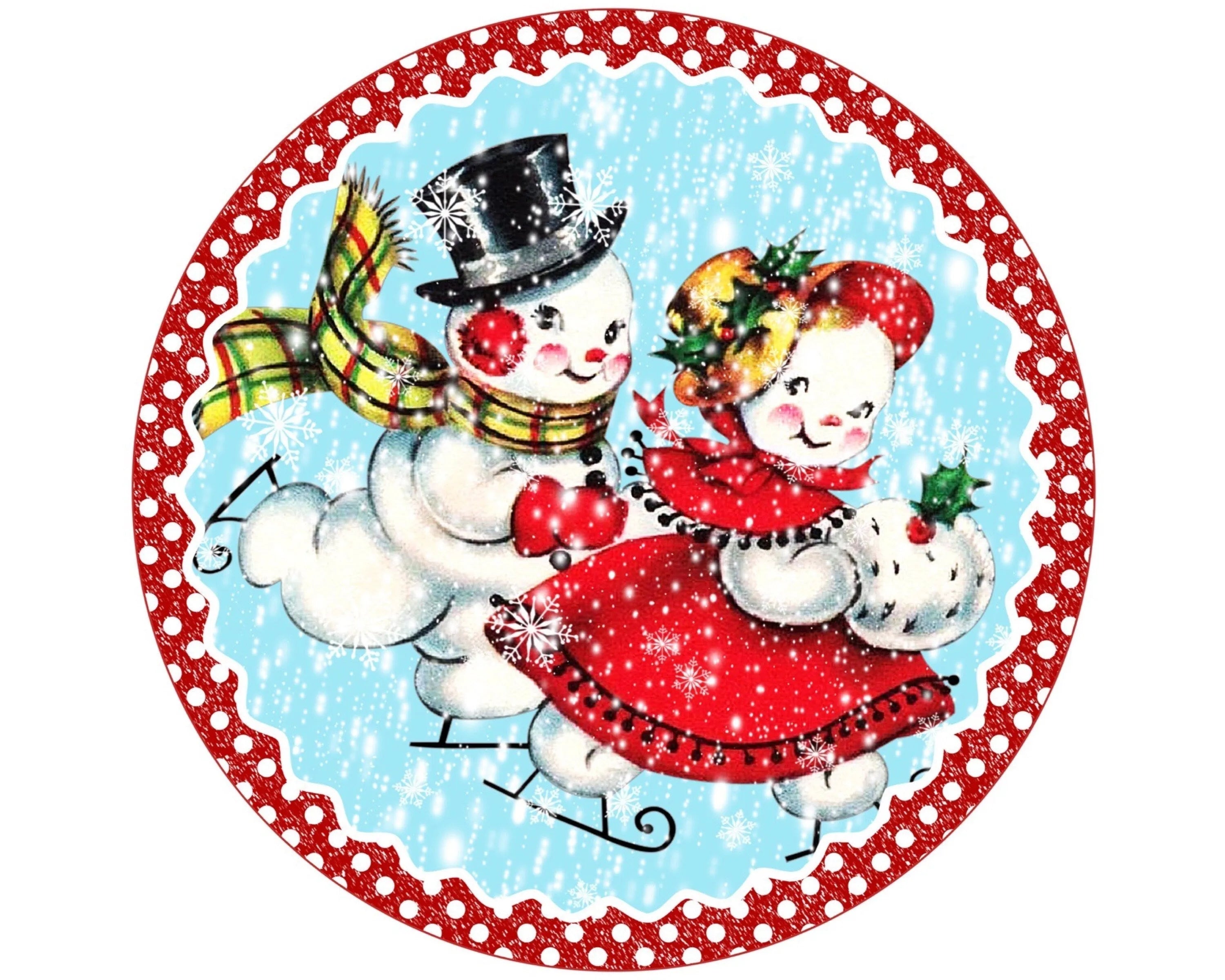 polka dot vintage ice skating snowman couple holiday wreath sign, snow falling mr and mrs snowman wreath attachement