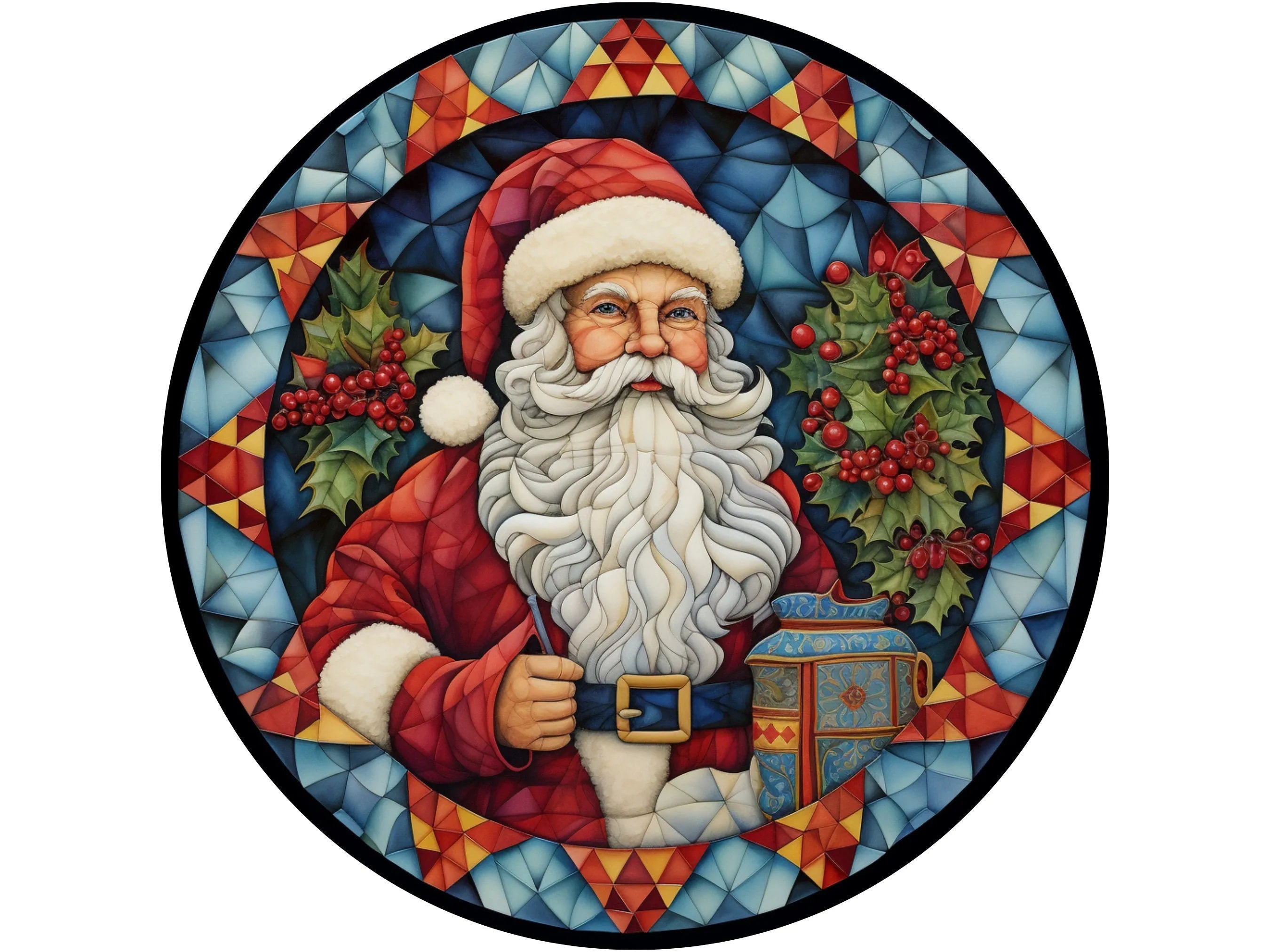 Corona navideña tradicional acolchada de Papá Noel, corona clásica de San Nicolás, arte mural alegre de Papá Noel.