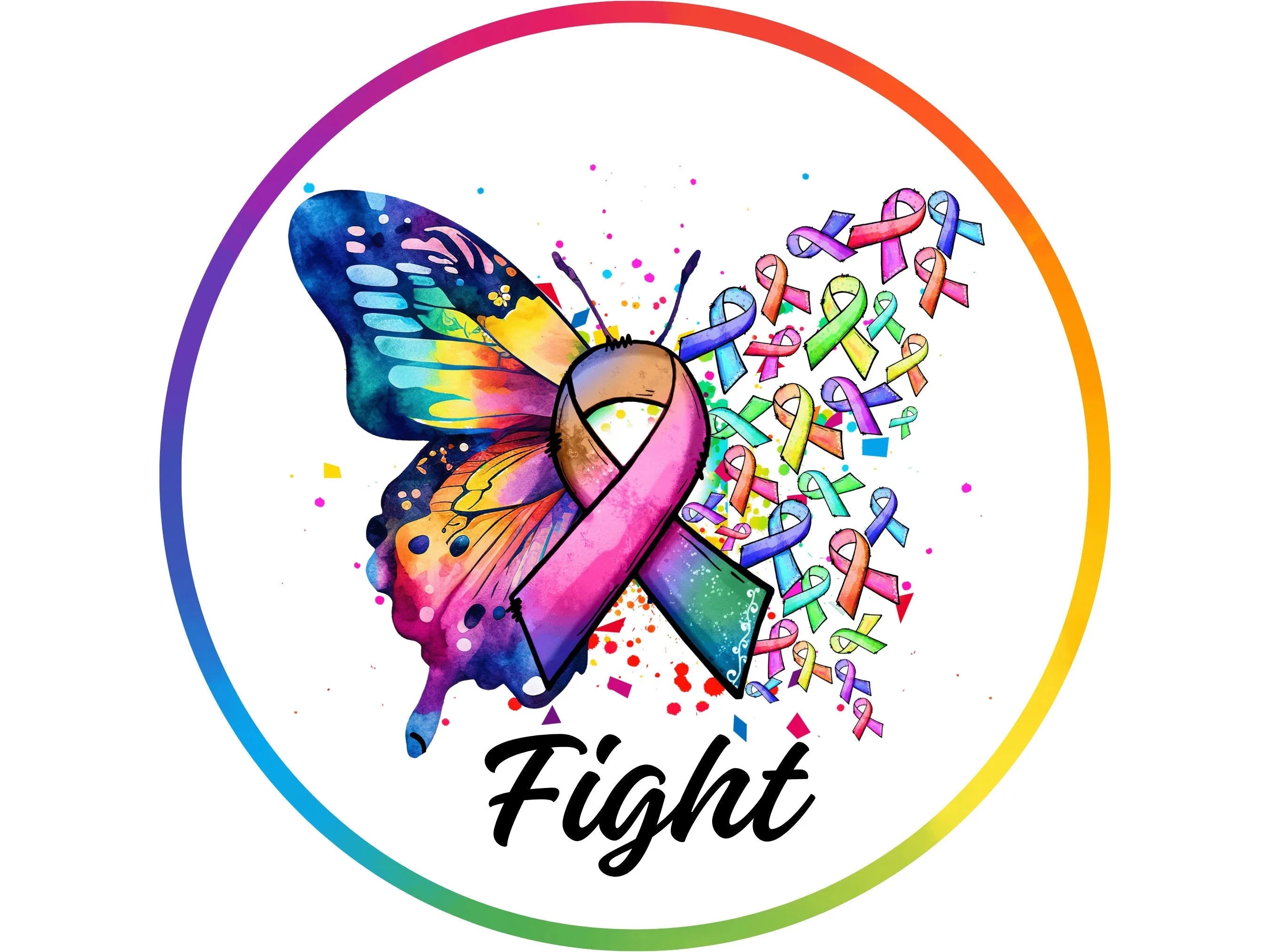 Corona de concienciación sobre el cáncer de mama con mariposas de colores del arco iris, señal de concienciación, señal para octubre